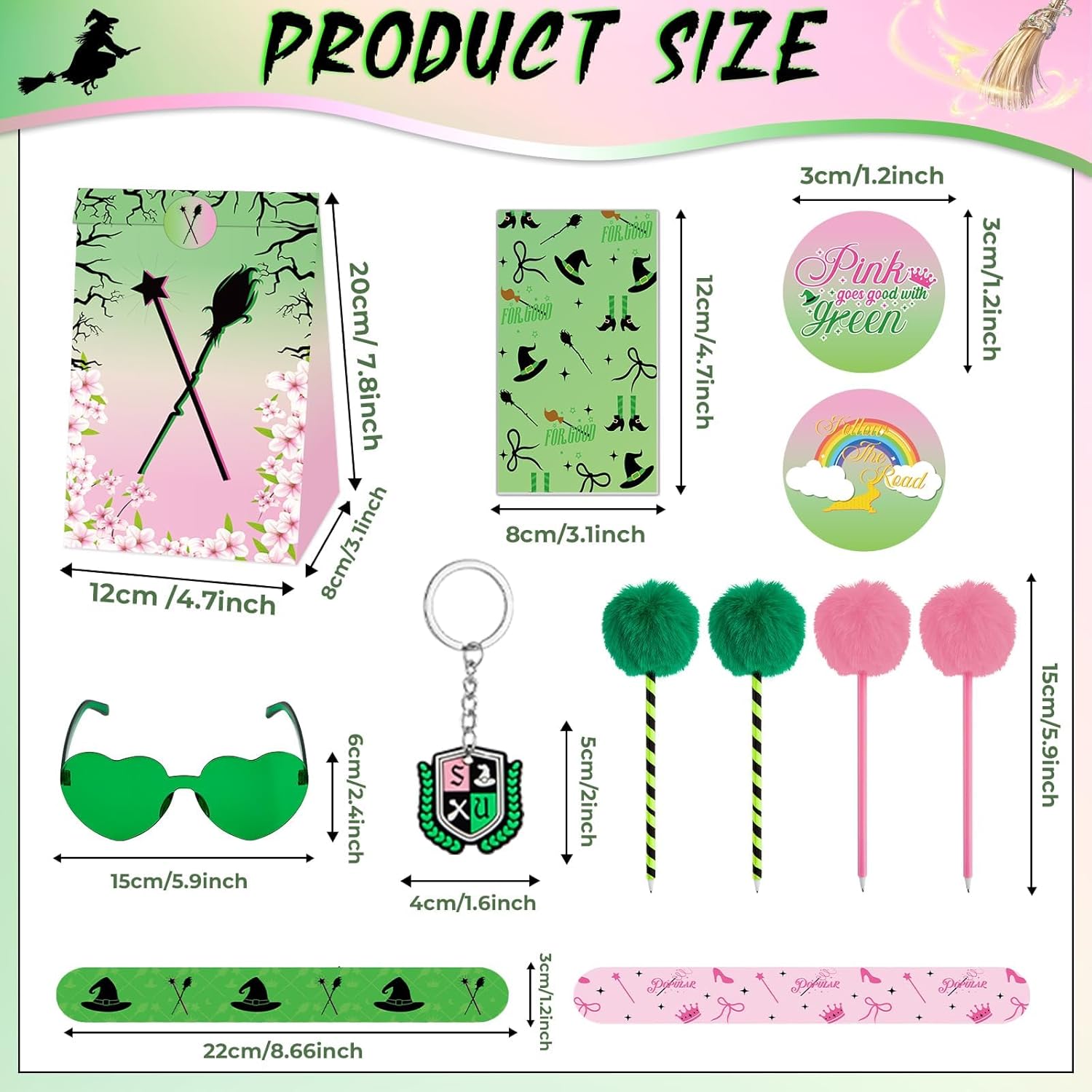 84pcs Pink and Green Witch Party Favors Birthday Decorations Pens Notepads Sunglasses Paper Gift Bag Key Chains Slap Bracelet Sticker Halloween Themed Party Supplies for Gift Party