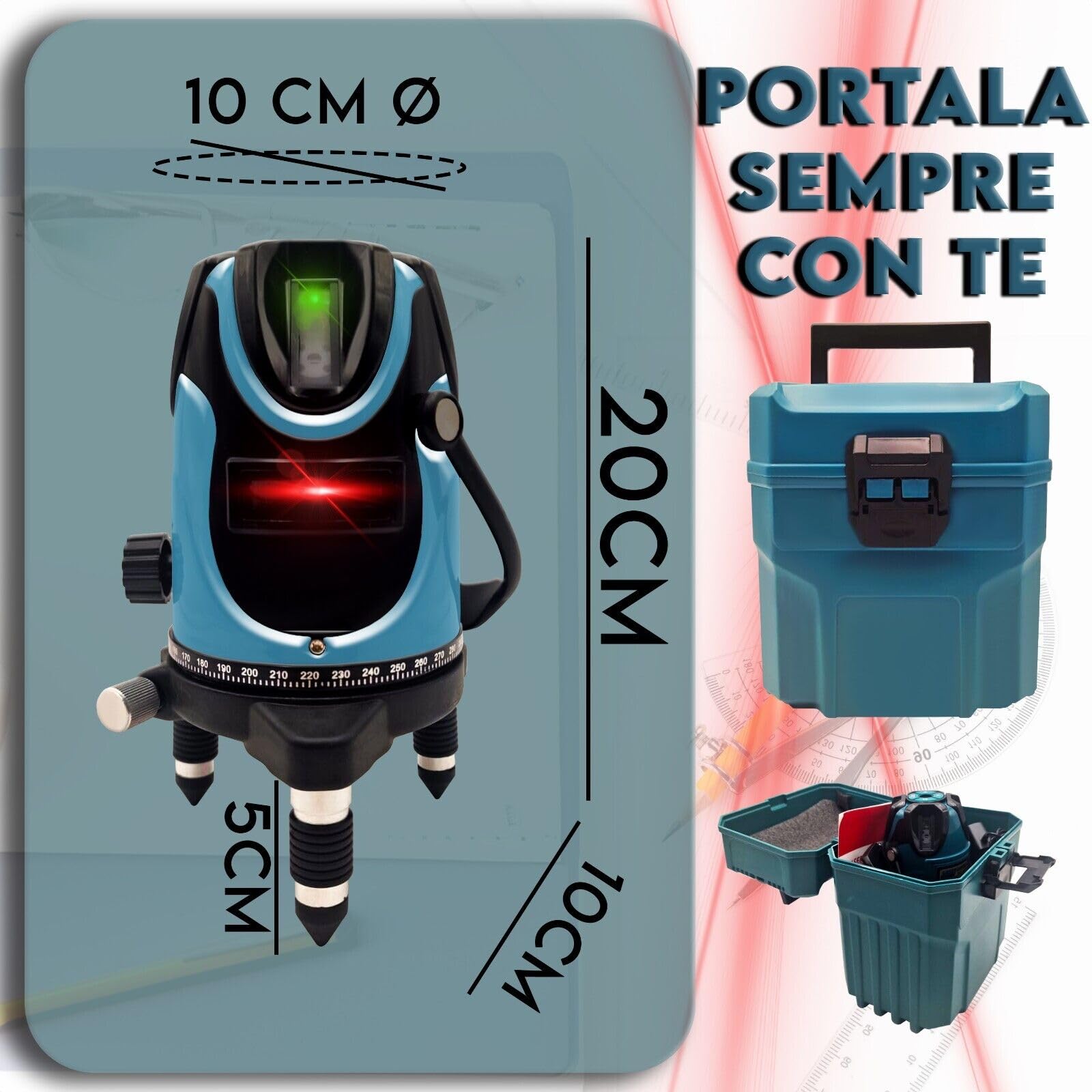 MAKA Livella Laser Autolivellante 360 4 Linee Professionale Luce Rossa Rotazione 10 Ore Autonomia Raggio 10 Metri Giroscopio Interno Linea Verticale ed Orizzontale Stabile (5 Laser)