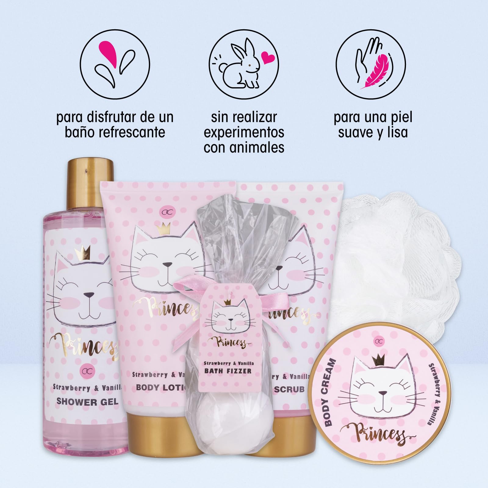 Accentra PRINCESS KITTY Juego de regalo baño mujer 250 ml gel de ducha loción exfoliante crema bombas baño esponja cesta fresa vainilla