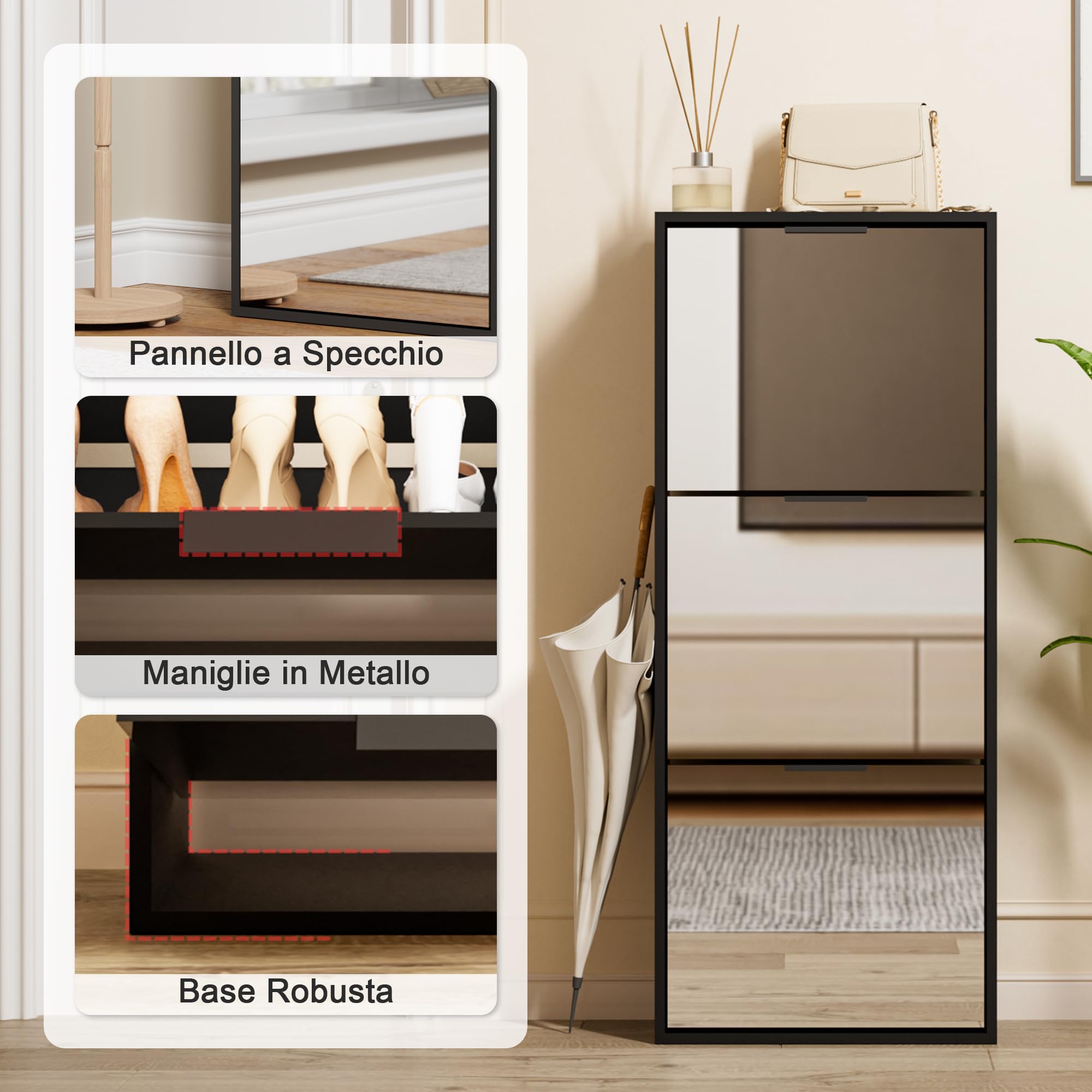 UEV Zapatero 3 Puertas de Espejo, Zapatero Funcional con Espejo, para Entrada, 50 x 23 x 121,5 cm, Negro