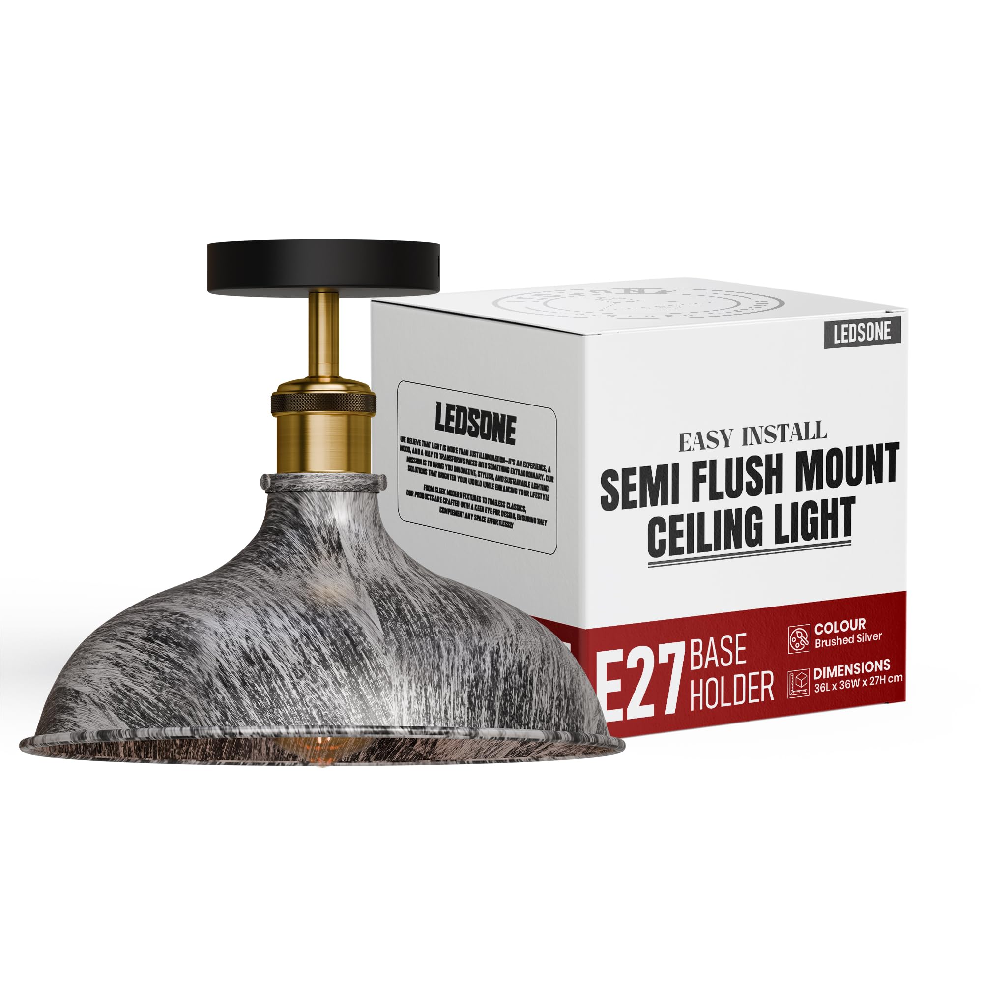 LEDSone E27 Vintage Semi Flush Mount Ceiling Lamp Metal 36cm Brushed Silver Ceiling Lighting Fixtures for Kitchen Hallway Dining Rooms Living Rooms Bar Without Bulb — image 1