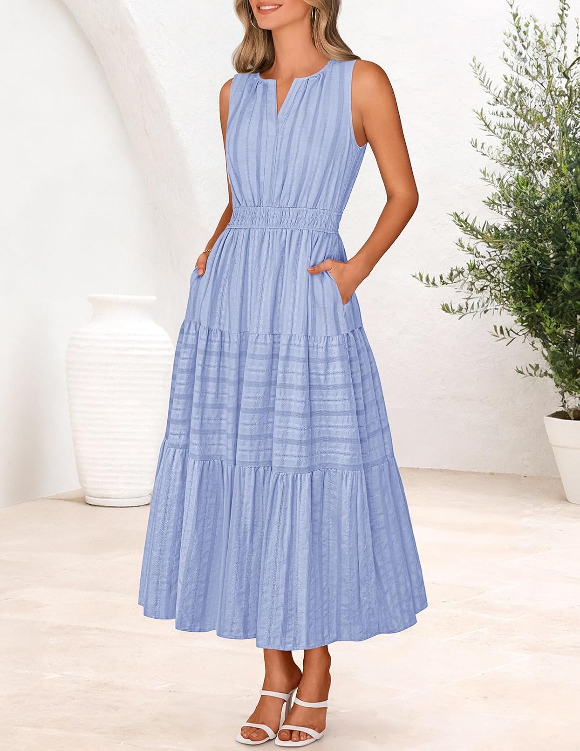 MEROKEETY Spring Summer Midi Dresses for Women 2026 Casual Beach Vacation Sleeveless Boho V Neck Cotton Maxi Dress Pockets - Image 10