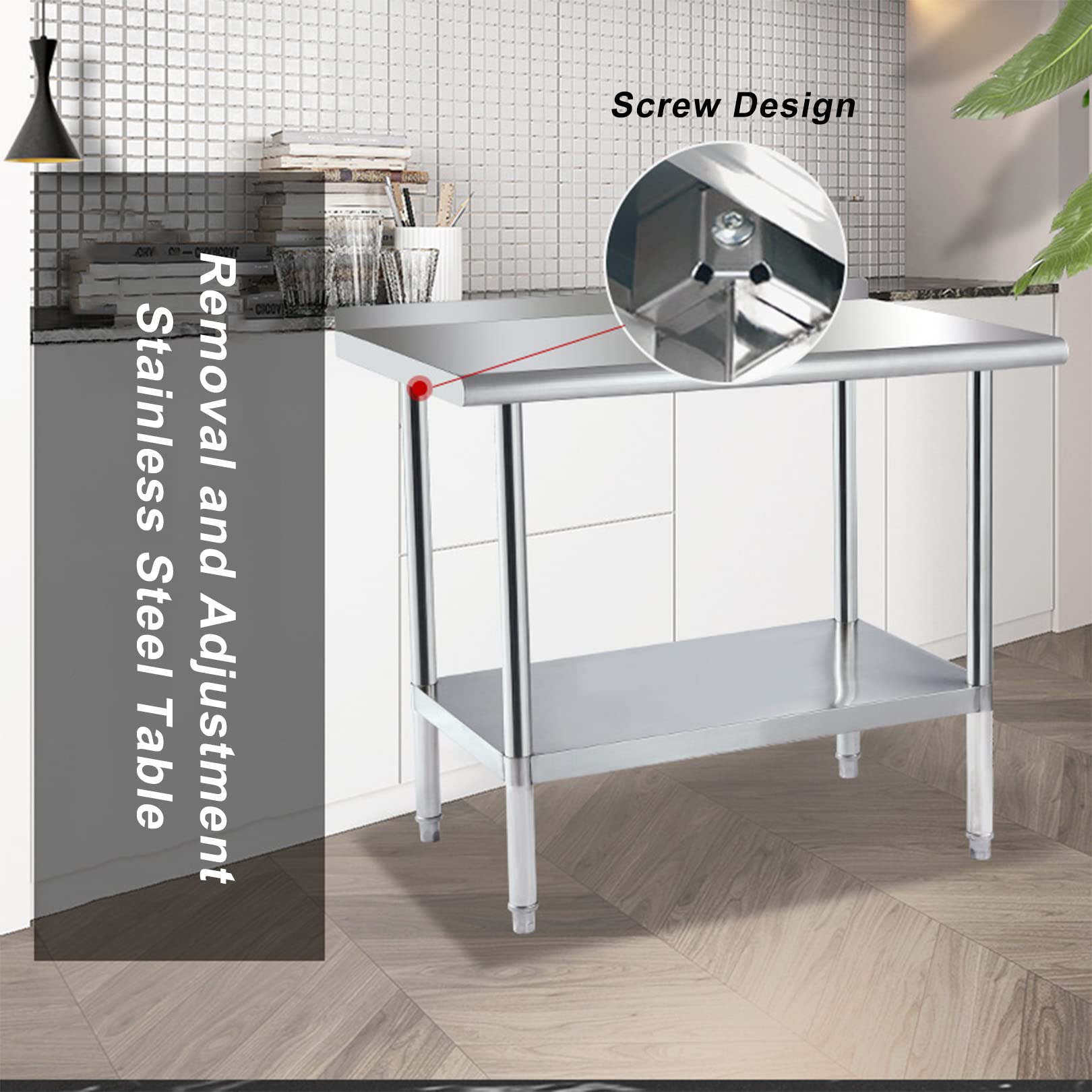 Mesa de Cocina de Acero Inoxidable, Mesa Comercial de 90 x 60 x 80 cm, con Mesa de preparación de Alimentos Pesados ​​Debajo del Estante Ajustable, Adecuada para la Cocina del Restaurante
