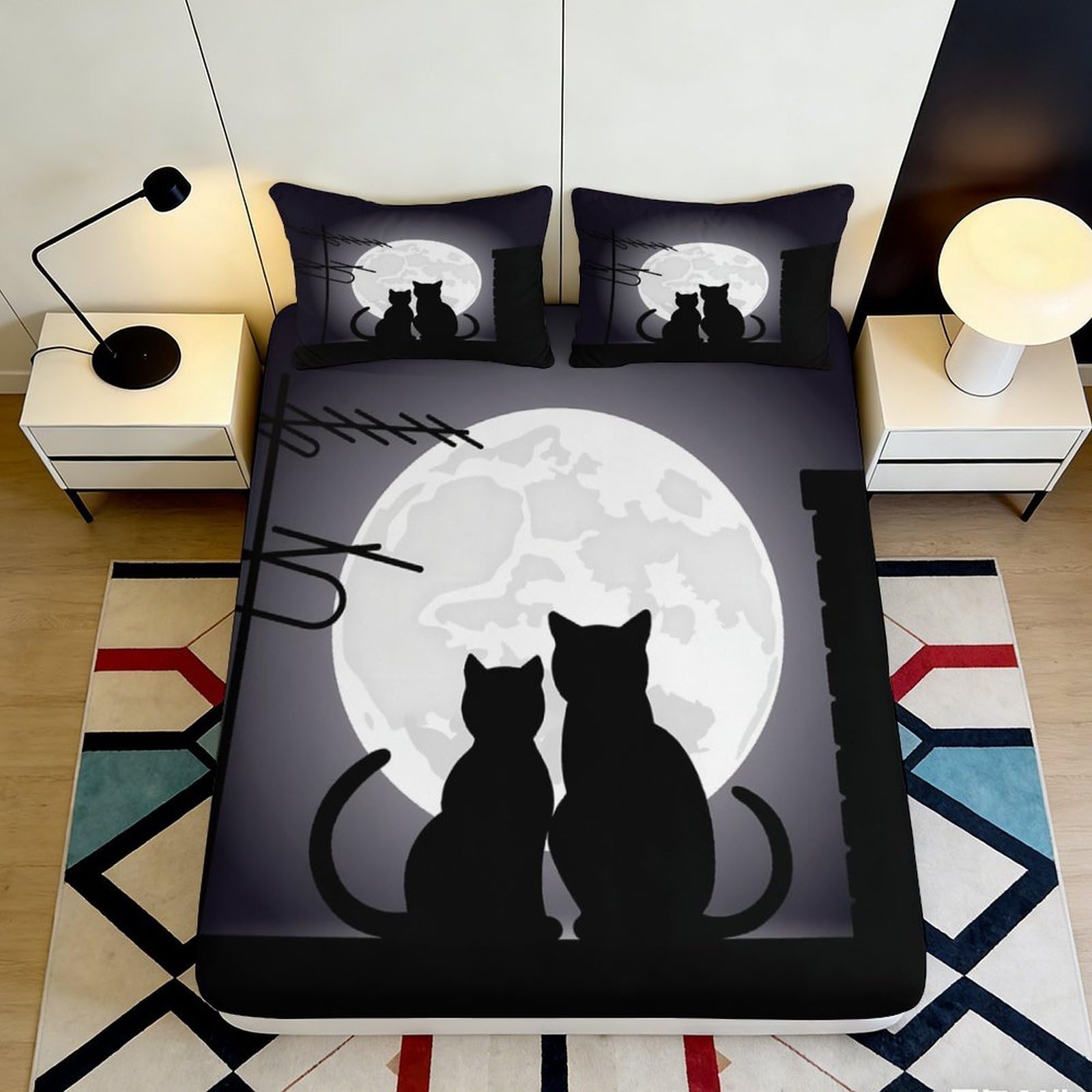3D Printed Moonlight Cat Fitted Sheet Microfiber Soft Black Silhouette Mattress Cover for Bedroom Guest Room Decor 90x200x25cm