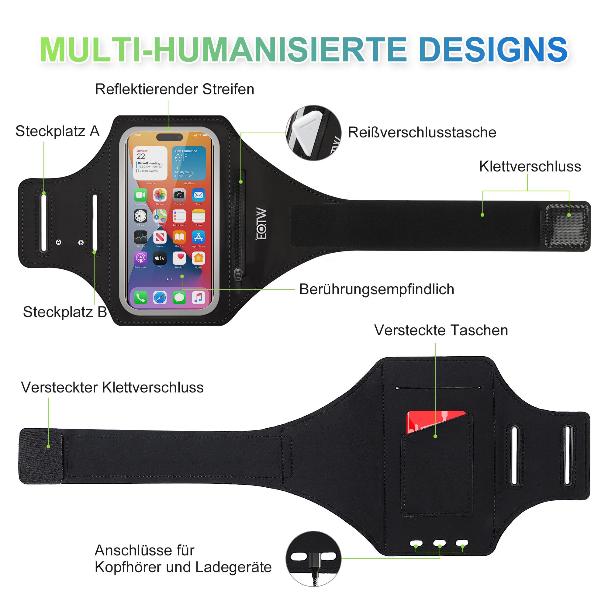 EOTW Fascia Da Braccio Sportiva Universale Per Cellulare 6,0-6,7 Pollici - Con Tasca Per AirPods E Chiavi - Rifrangente
