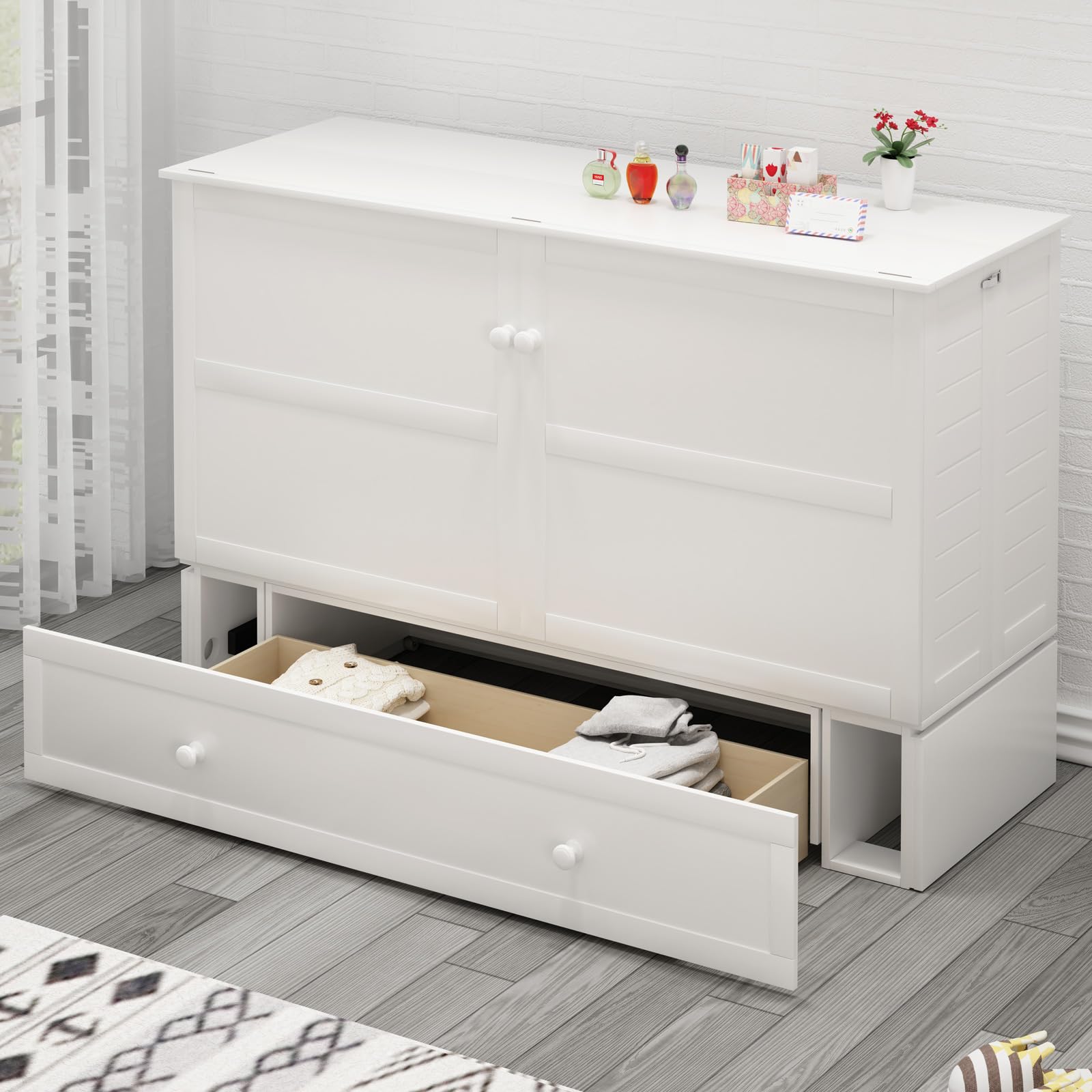 PUREMIND Queen Murphy Bed Cabinet with Mattress Included, Murphy Chest Bed with Storage, Murphys Cube Cabinet Beds with USB Charging Station,