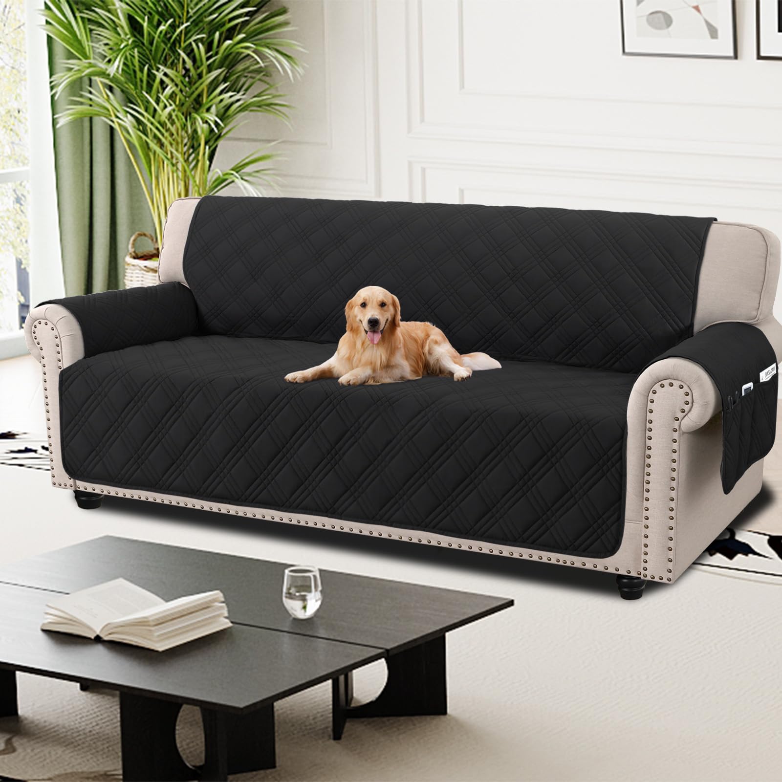 H.Versailtex Quilted Sofa Covers 4 Seater, 100% Waterproof Sofa Slipcovers with Pockets, Extra Large Couch Covers for Dogs Pets, Washable Sofa Protector with Elastic Strap, Black โ image 1