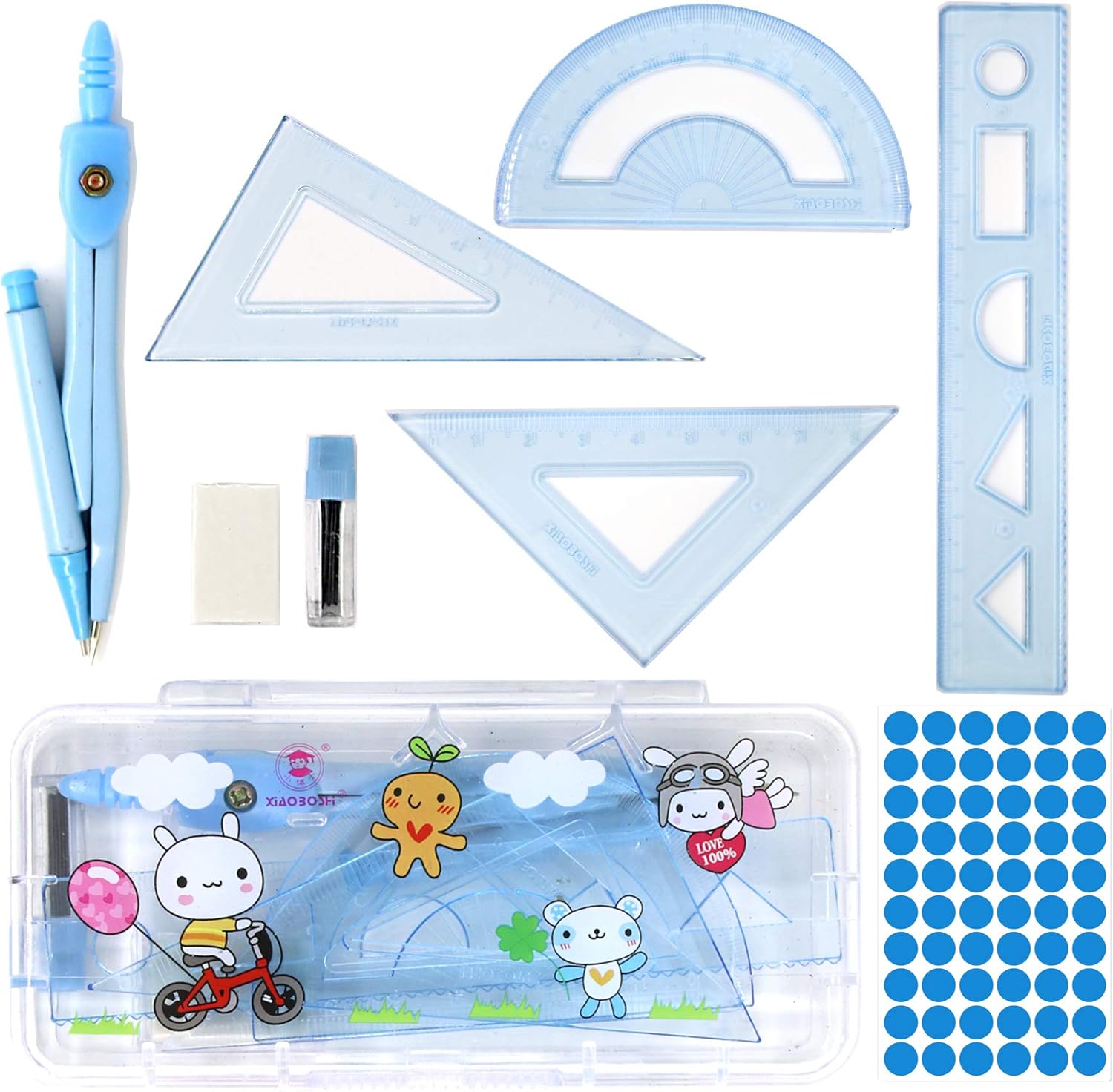 Danyun コンパスセット 9点セット 直定規 三角定規 半円分度器 鉛筆削り 鉛筆 消しゴム 文房具 学习用品 持ち運びに便利 実用性高い 製図 作図ツール 算数 幾何学 中学生 小学生 教師 スクール ステッカー 収納用クリアケース付 ブルー Ekonomskapg Me