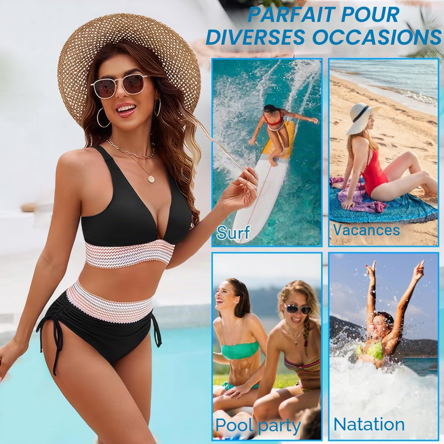 Bikini taille haute pour femme - Effet gainant - Avec bretelles réglables - Maillot de bain 2 pièces pour la plage, les vacances, la piscine, le spa