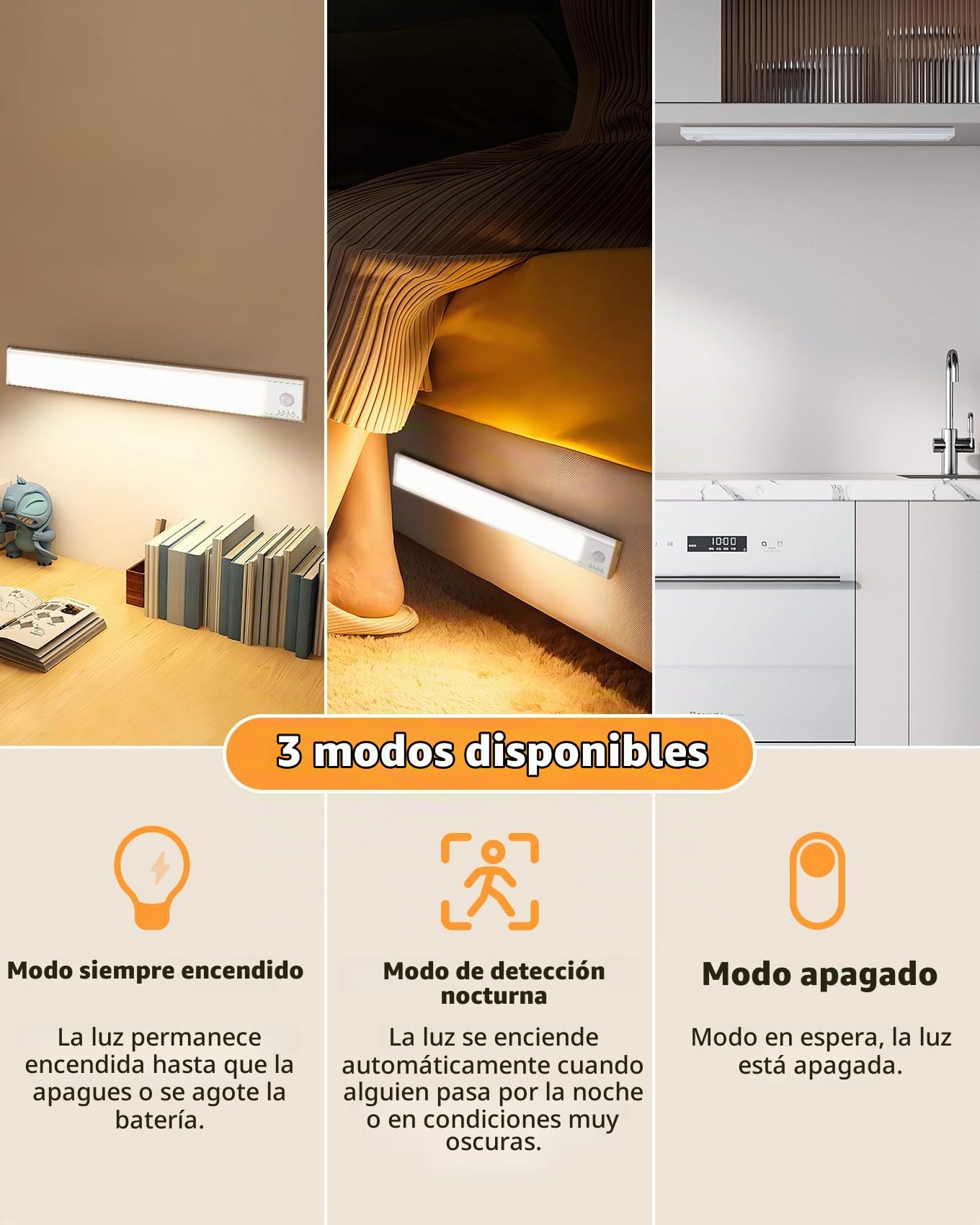 Aigostar 3 Pcs Luz LED Armario Sensor de Movimiento, Bajo Mueble Cocina 30.4cm, 2200mAh USB-C Recargable, Color y Brillo Regulable, Magnética Adhesiva, Aluminio, Inalámbrica
