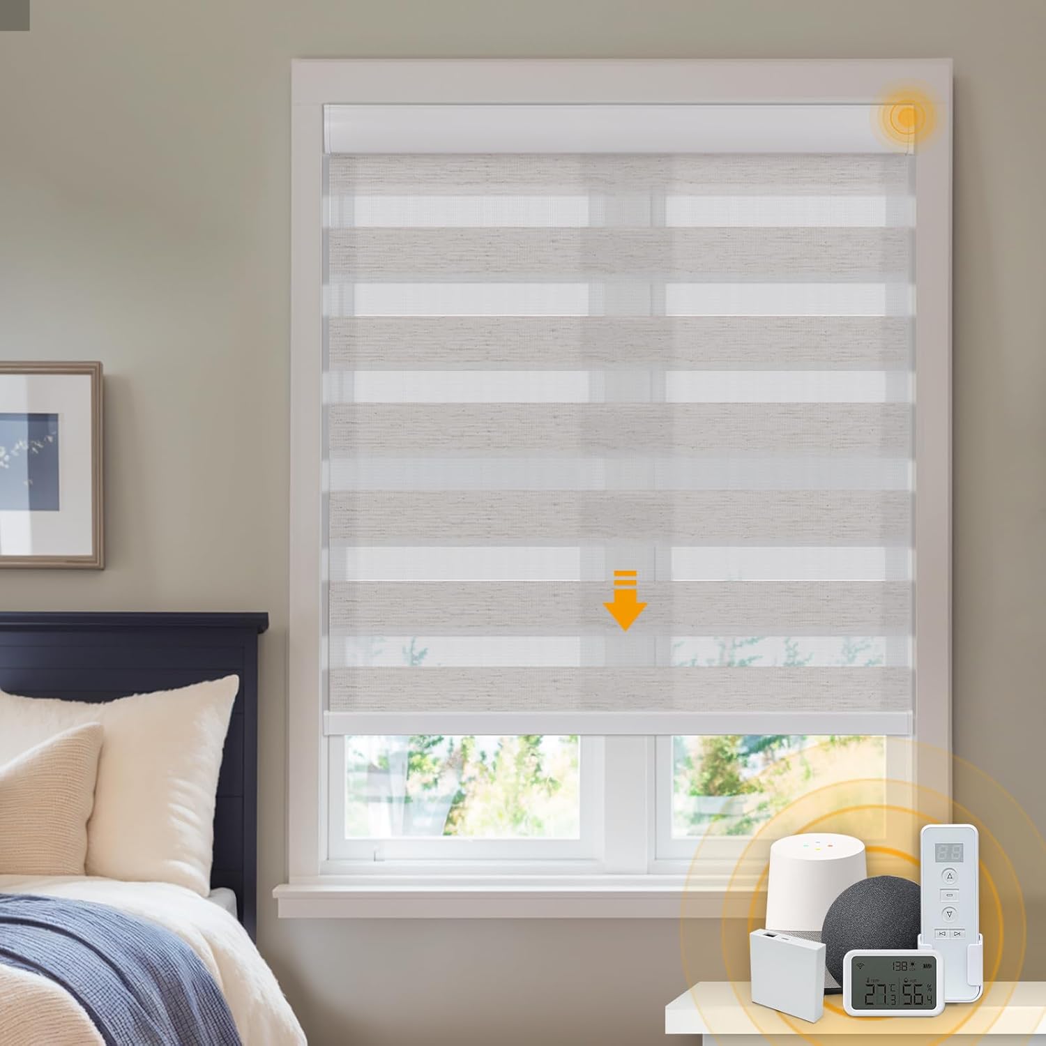 Keego Motorized Zebra Blinds with Remote Automatic Zebra Window Shades Smart Blinds Compatible with Alexa and Google Automatic Shades with Valance for Home and Office LightYellow-Light Filtering