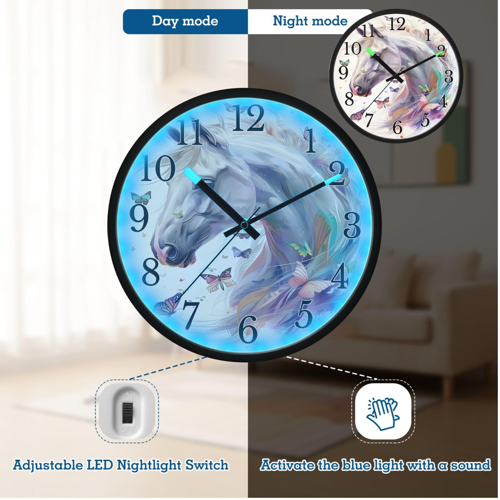 Mnsruu Reloj de pared luminoso con diseño de caballo blanco y mariposa y unicornio, funciona con pilas, silencioso, brilla en la oscuridad, para sala de estar, cocina, 12 pulgadas