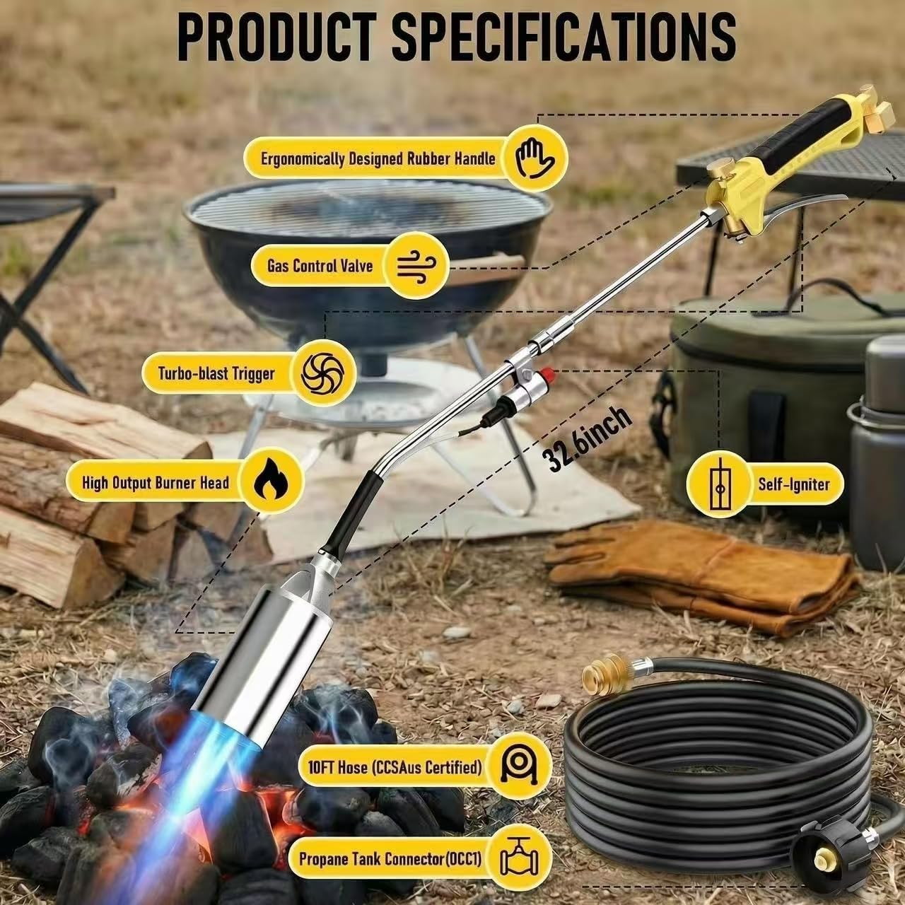Propane Torch Weed Burner Kit,Weed Torch,High Heat Output with Storage Bag,10FT Hose Heavy Duty Blow Torch Flamethrower with Self Igniter and Turbo Trigger for Weeding,Roofing,BBQ,Outdoor