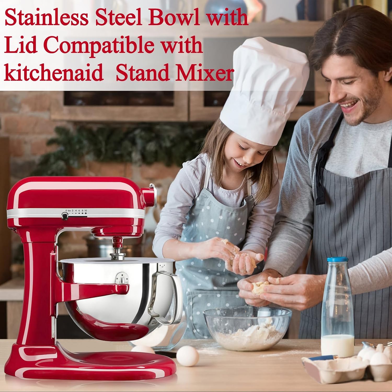 Stainless Steel Lift Bowl Compatible with Kitchenaid 7-qt. Mixing Bowl with Ergonomic Handle and Lid