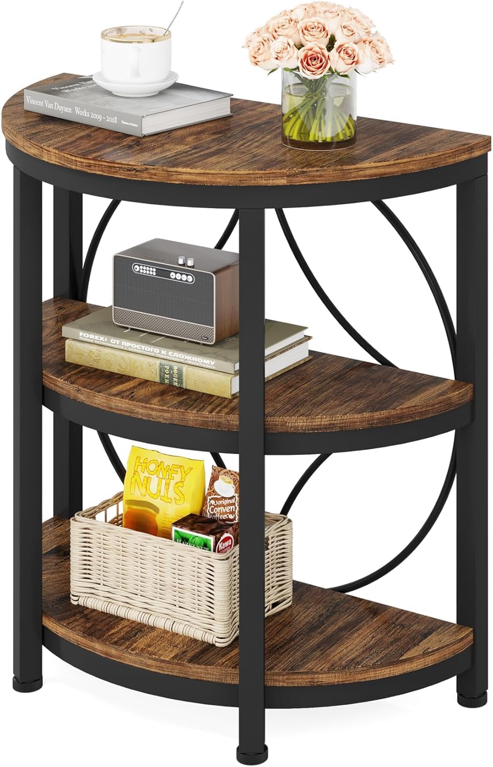 OGFC 36159 Decorative Half Round End Table, 3-Tier Narrow Side Table with Metal Frame, Half Circle Table, Half Moon Small Coffee Accent Table Bedside Table for Living Room, Bedroom-image-48
