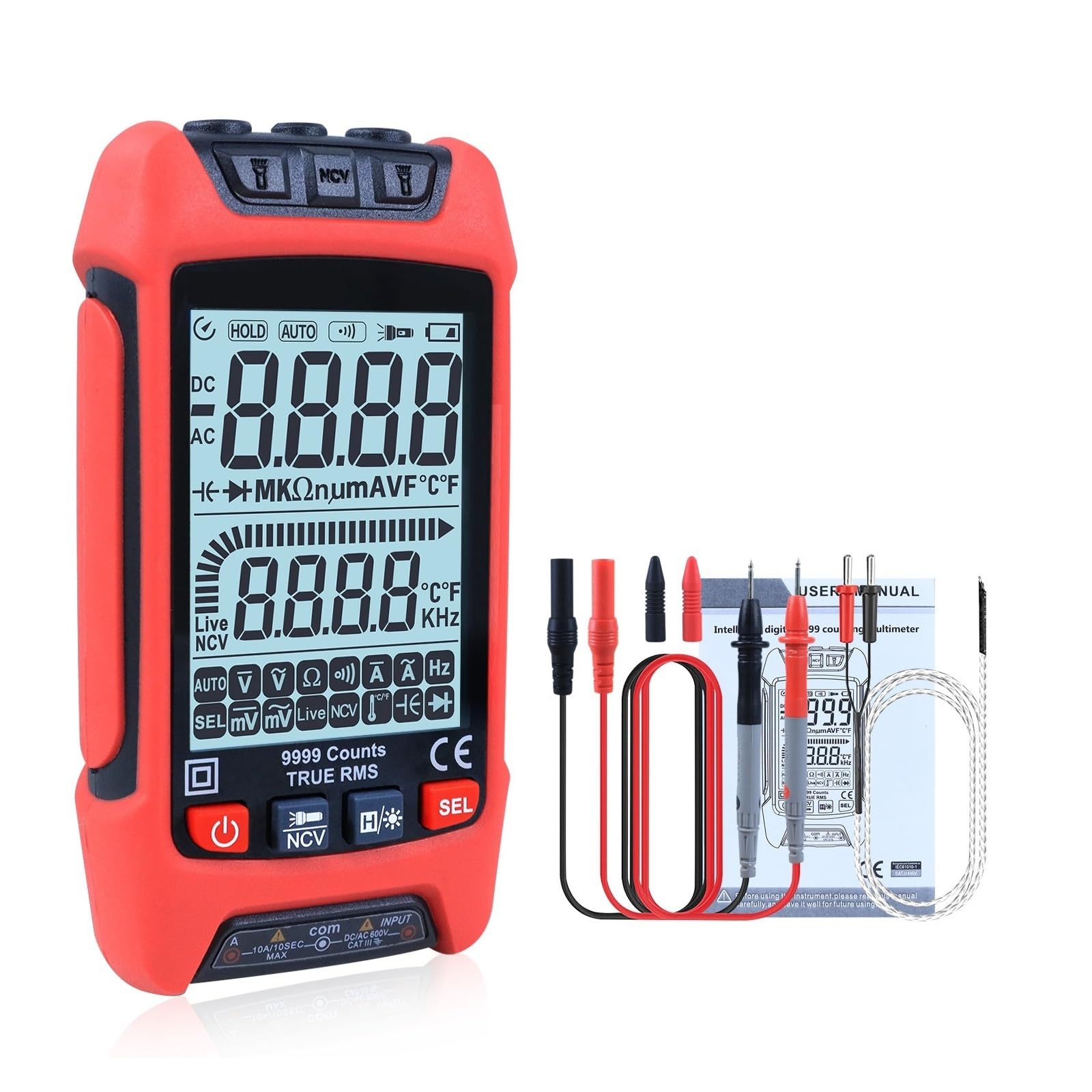 Comprobador MultíMetro Probador AC/DC Voltímetro Ohm Multímetro Digital 9999 Cuenta Rango Automático TRMS Resistencia Capacitancia Probador De Temperatura Precisión Seguro(V2-R)