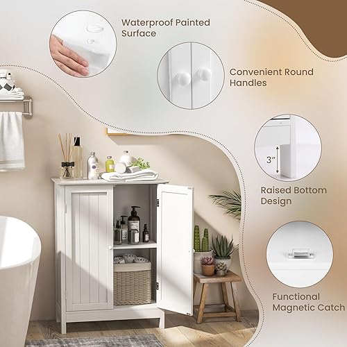 Miniatura 7 de COSTWAY Armario de almacenamiento de baño, organizador de almacenamiento de baño independiente con puertas y estante ajustable, gabinete de piso de