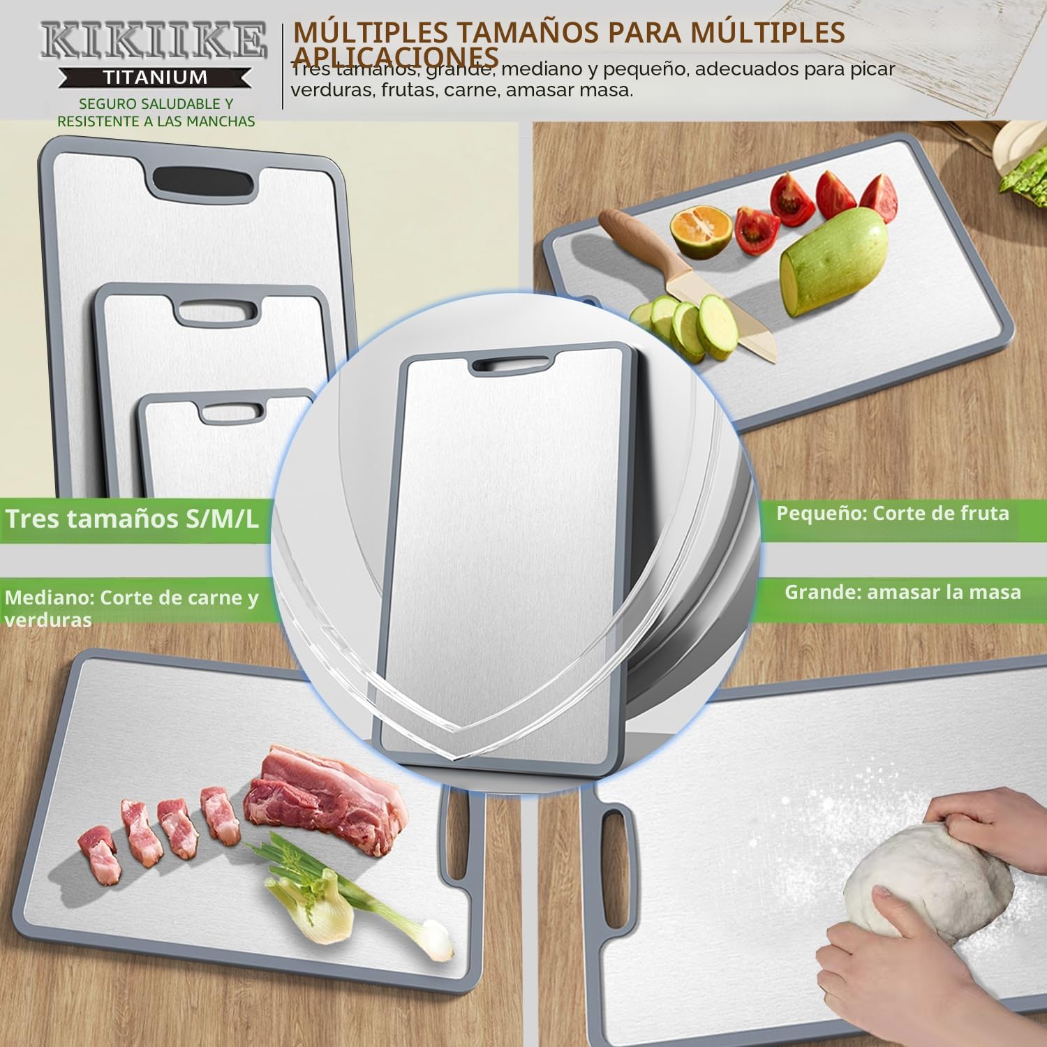 Tabla de cortar de titanio con bordes de silicona antideslizante de doble cara para cocina, antiadherente, duradera y fácil de limpiar (3 piezas S/M, grado alimenticio)