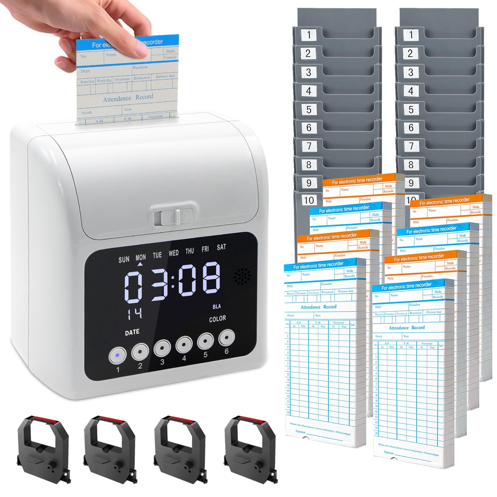 TooCust Time Clock Bundle for Small Business, Passcode Time Clock Punch Machine with 400 Time Cards, 4 Ink Ribbons, 2 Ten-Slot Time Card Racks, Auto-Align Clock in Machine for Employees