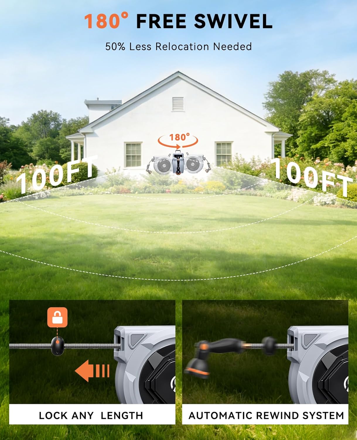 SUNPOW Retractable Garden Hose Reel - 1/2" x 100ft Wall Mounted Hose Reel with 3/4'' Brass Fitting & 10-Pattern Nozzle - Auto Slow Retraction, Any-Length Lock, 180°Swivel for Lawn & Gardening