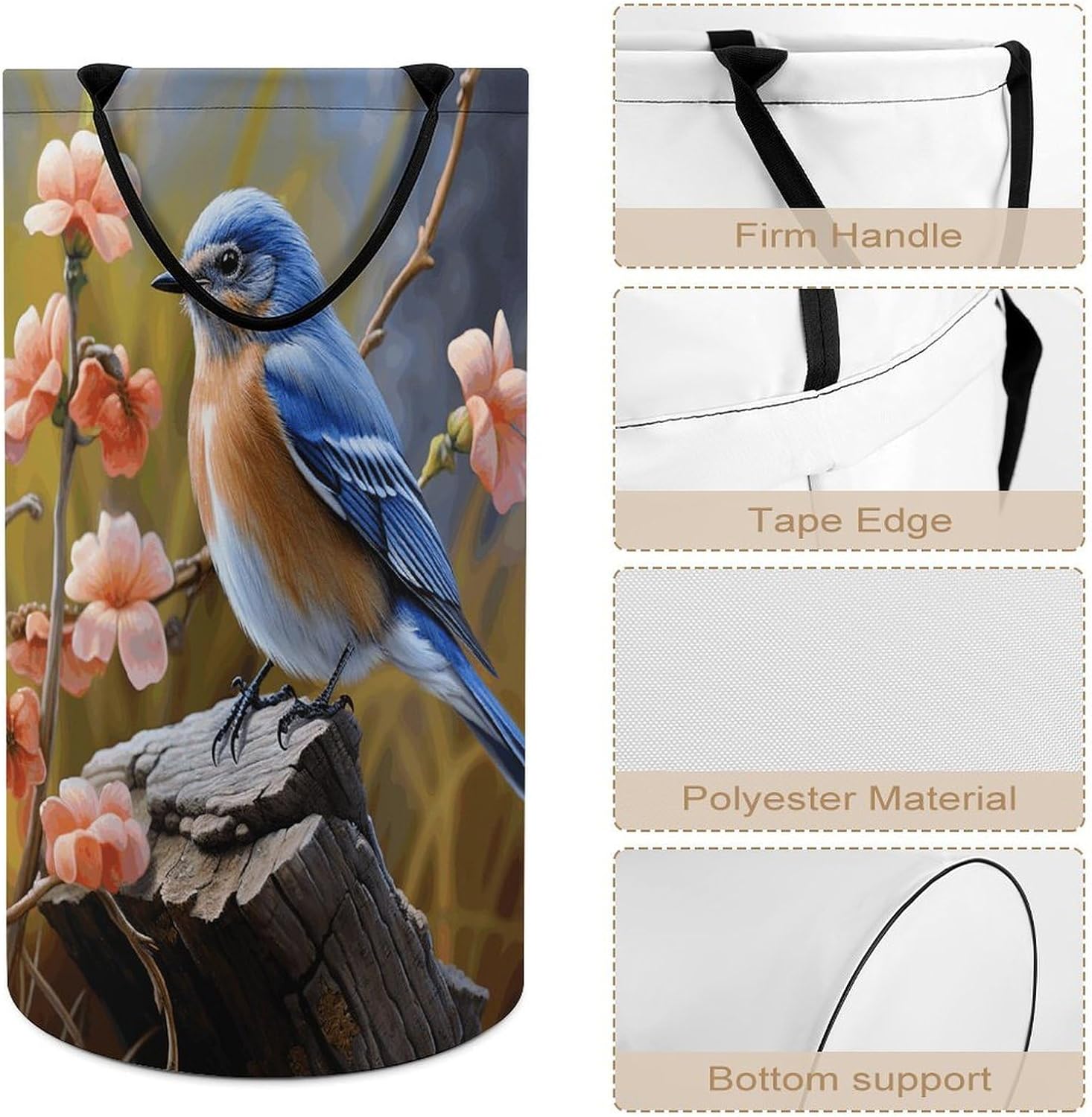 Eastern Bluebird Laundry Hamper with Handles Waterproof Collapsible Laundry Basket Large Lightweight Round Dirty Clothes Hamper for Home Dorm Bathroom Decor