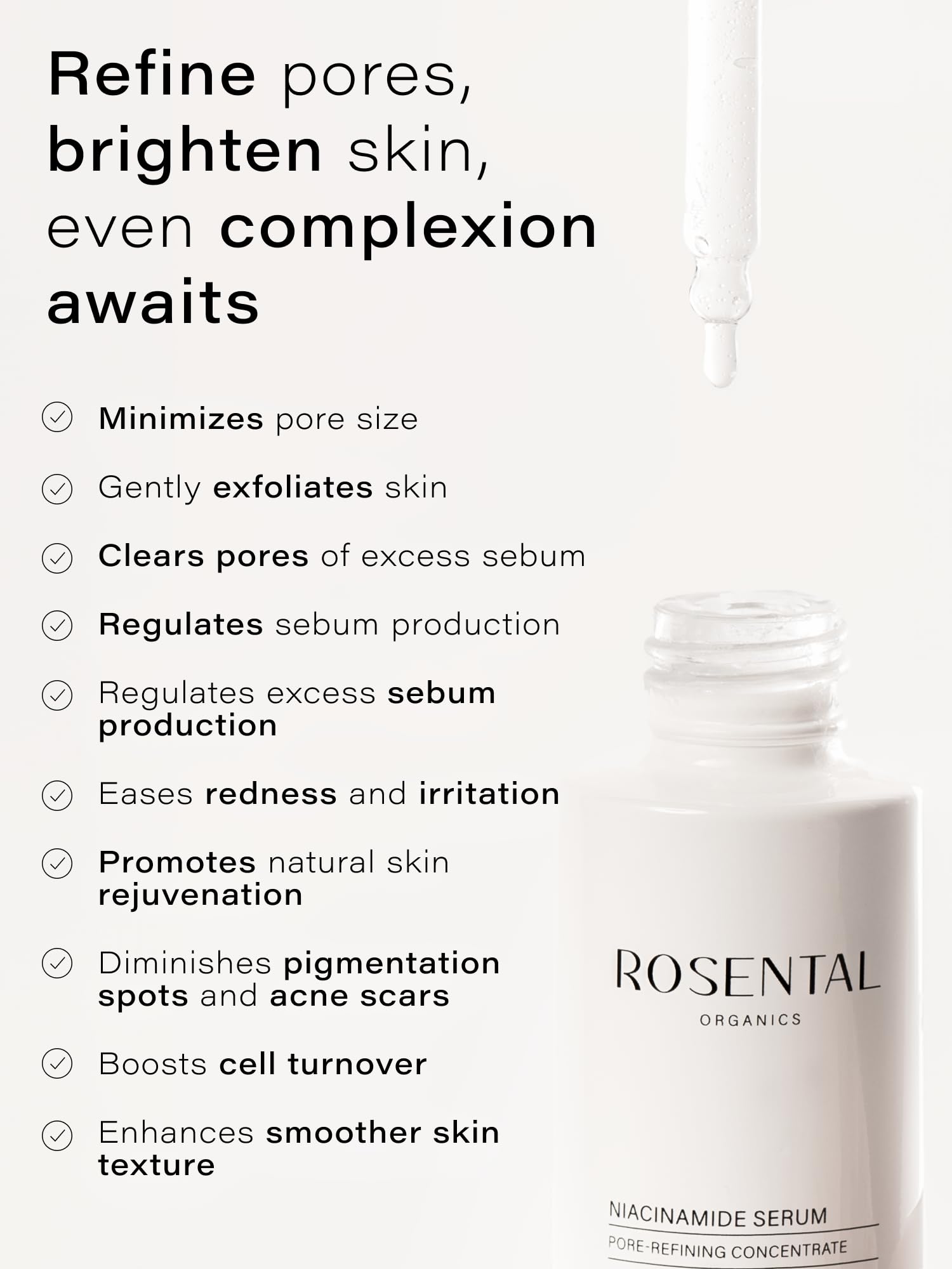 Rosental Organics Niacinamide+ serum do oczyszczania porów – 5% niacynamidu i kwasu azelainowego do rozjaśniania plam pigmentowych i blizn potrądzikowych