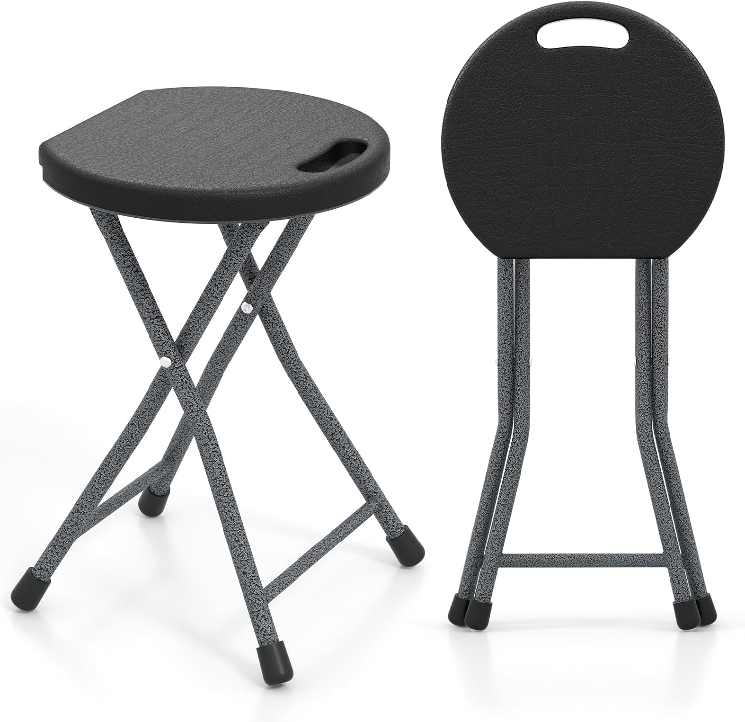 goplus folding stool, 18 inch foldable camping stool for adults with 440 lb capacity, portable plastic fold up stool, collapsible round stool with handle for fishing hiking gardening bbq 1 black, silver