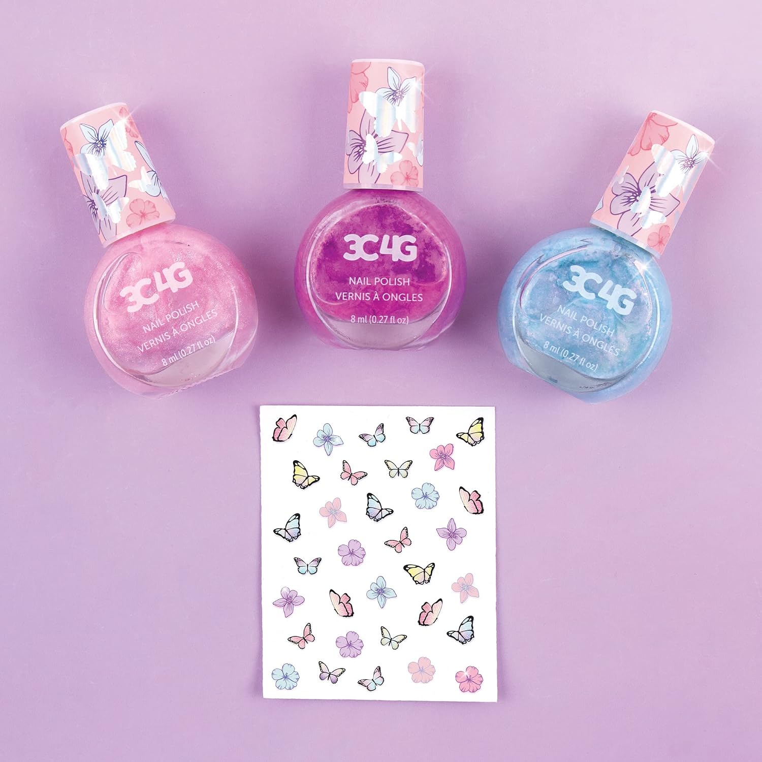 3C4G Butterfly Nail Polish Trio - 3 Pack Kids Nail Polish Set for Girls - Water Based, Unscented, Non Toxic Nail Polish for Kids - Girls Nail Polish Kit for Kids Ages 8-12-16 by Make It Real