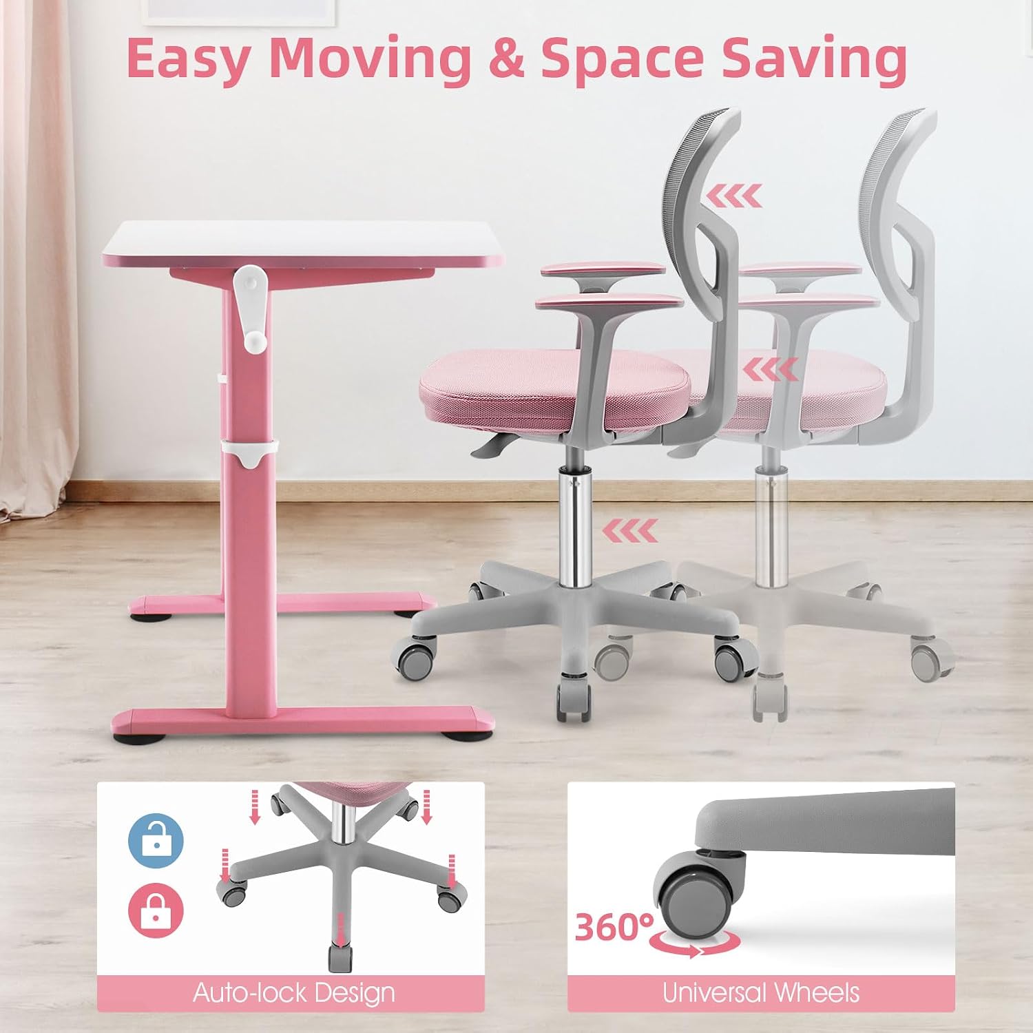 Ergonomic Kids Desk Chair, Auto Sit-Locking Kids Swivel Study Chair with Lumbar Support, Height Adjustable, Breathable Mesh, Sturdy Computer Office Chair for Boys & Girls (Pink)