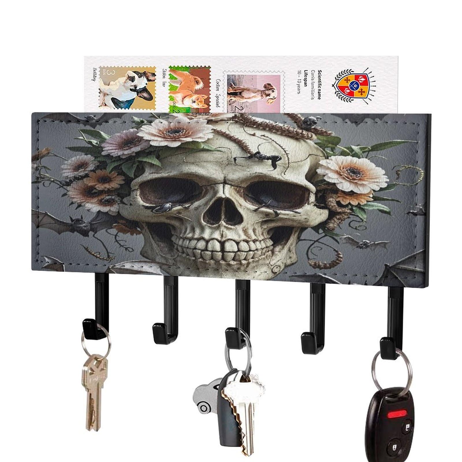 Fekiloot Black-Style Skull Flower Key Holder Wall Mount Key And Mail Holder Key Hanger With 5 Hooks Decorative Pu Key Rack Hanging Key Hooks For Wall Living Room Kitchen Bathroom Hallway