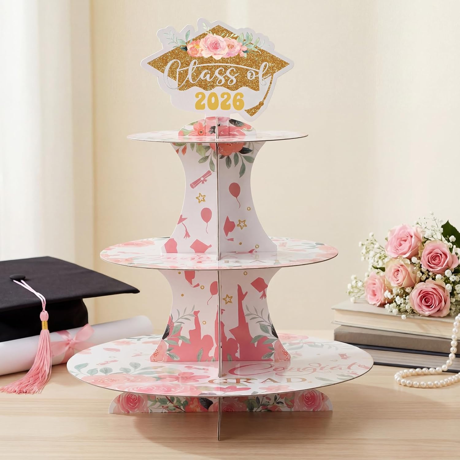 Tioncy 2 Set 3 Tier Floral Graduation Cupcake Stand for 24 Cupcakes Pink Gold Graduation Cap Decorations Cardboard Cake Dessert Holder Tower for Class of 2026 Congrats Grad Party Supplies image 3
