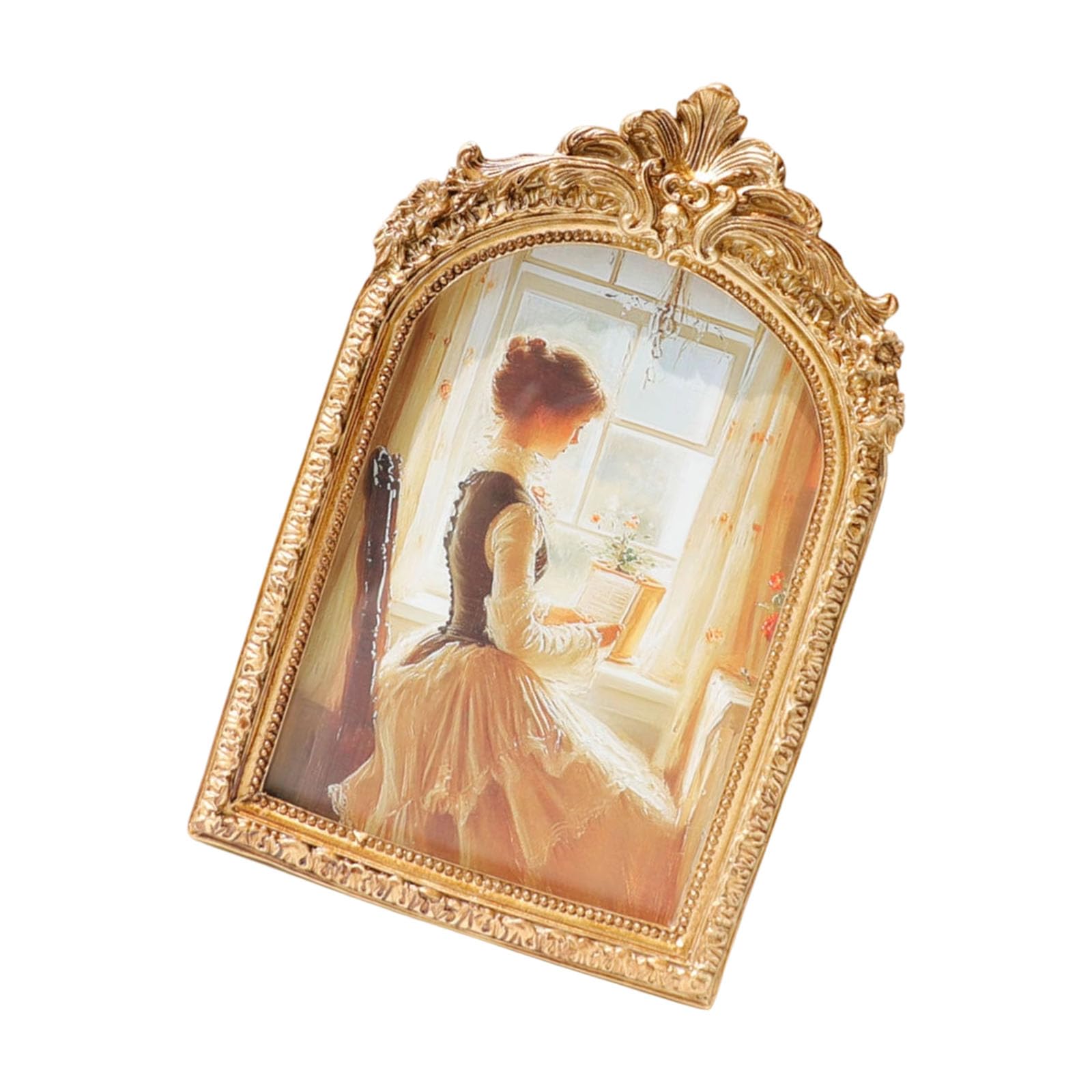 Handcrafted Golden Carving Arch Top Picture Frame with Stand and Hook for Wall or Tabletop Decoration European Antique Photo Frame