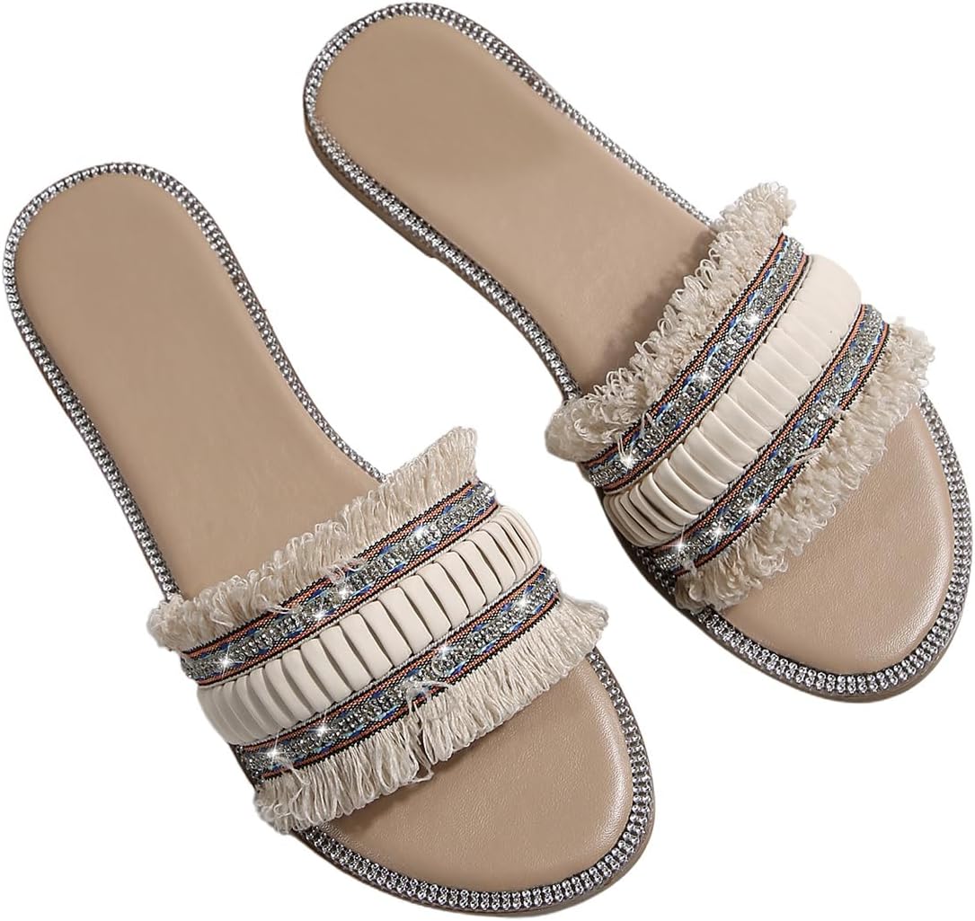 Verdusa Women’s Fringe Glitter Rhinestone Sandals Boho Textured Leather Open Toe Slippers