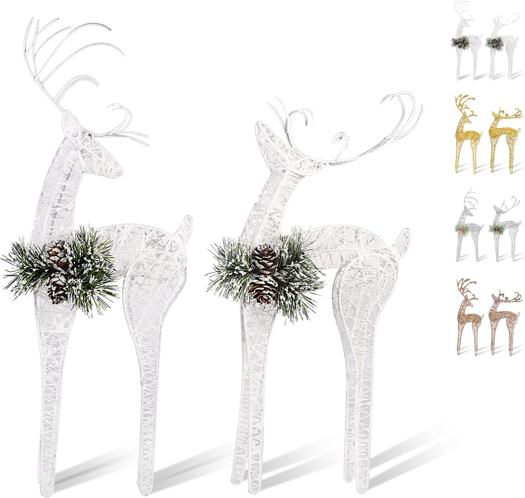 2pc Set White Pinecone Rattan Thread String Christmas Reindeer Figurine Table Desk Decorations Glittering Xmas Holiday Party Supply