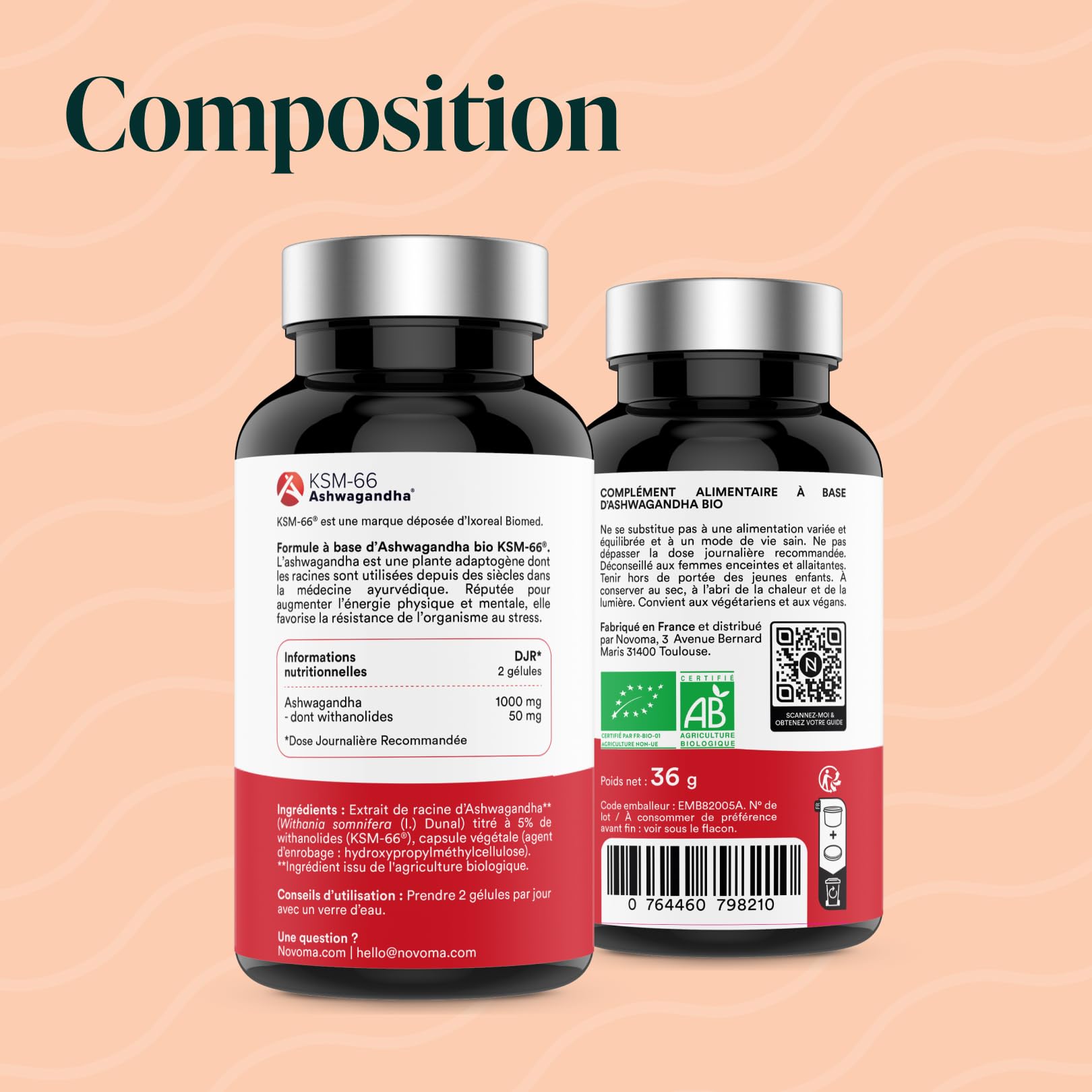 NOVOMA Ashwagandha KSM-66® 1000 mg, Anti-stress & Sommeil, 5% de Withanolides, 60 Gélules Vegan, Fabriqué en France