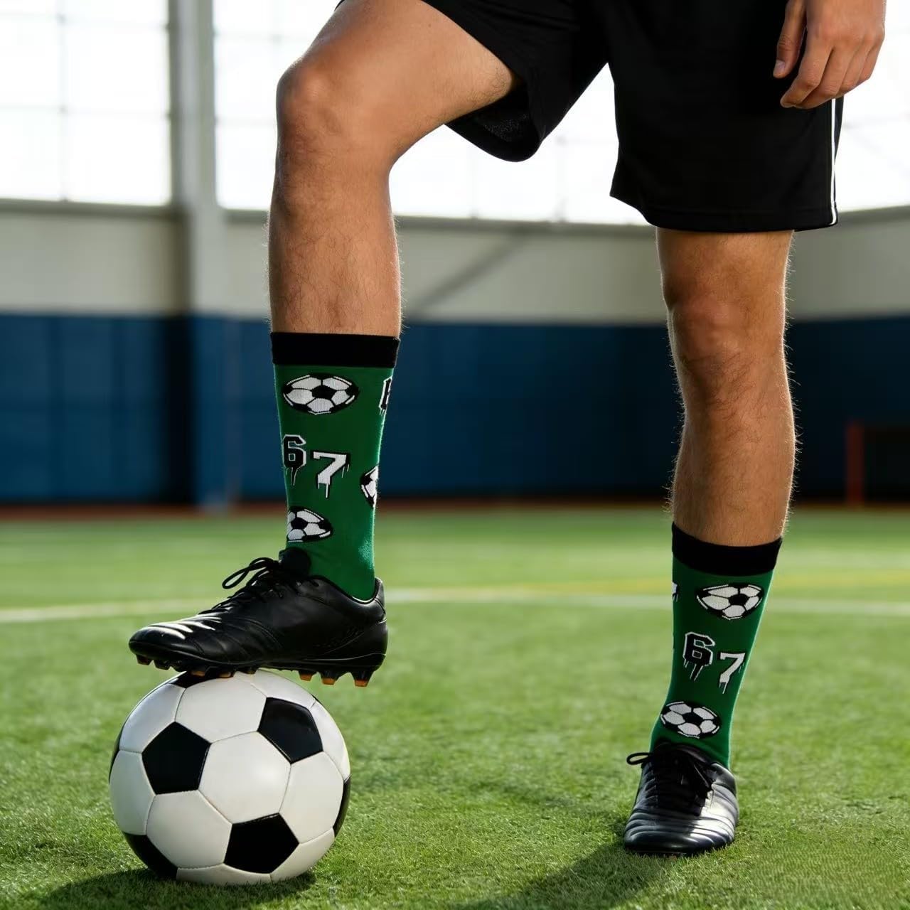67 Socks World Cup 2026 Soccer Green Crew Socks with Soccer Ball & Number 67 Funny Socks