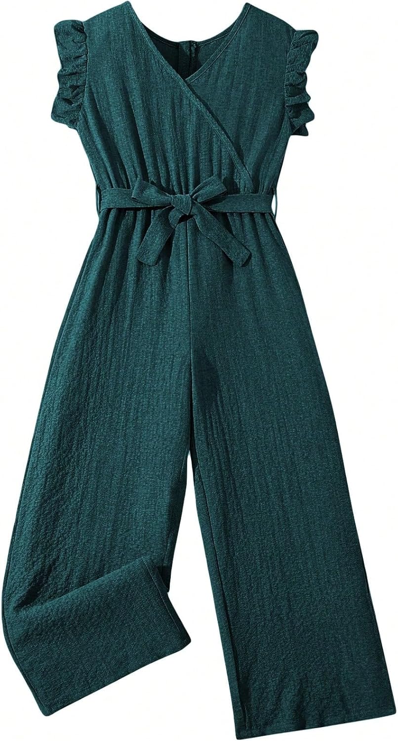 WDIRARA Girl's Ruffle Trim Wrap V Neck Cap Sleeve Cute Jumpsuit Belted Wide Leg Pants