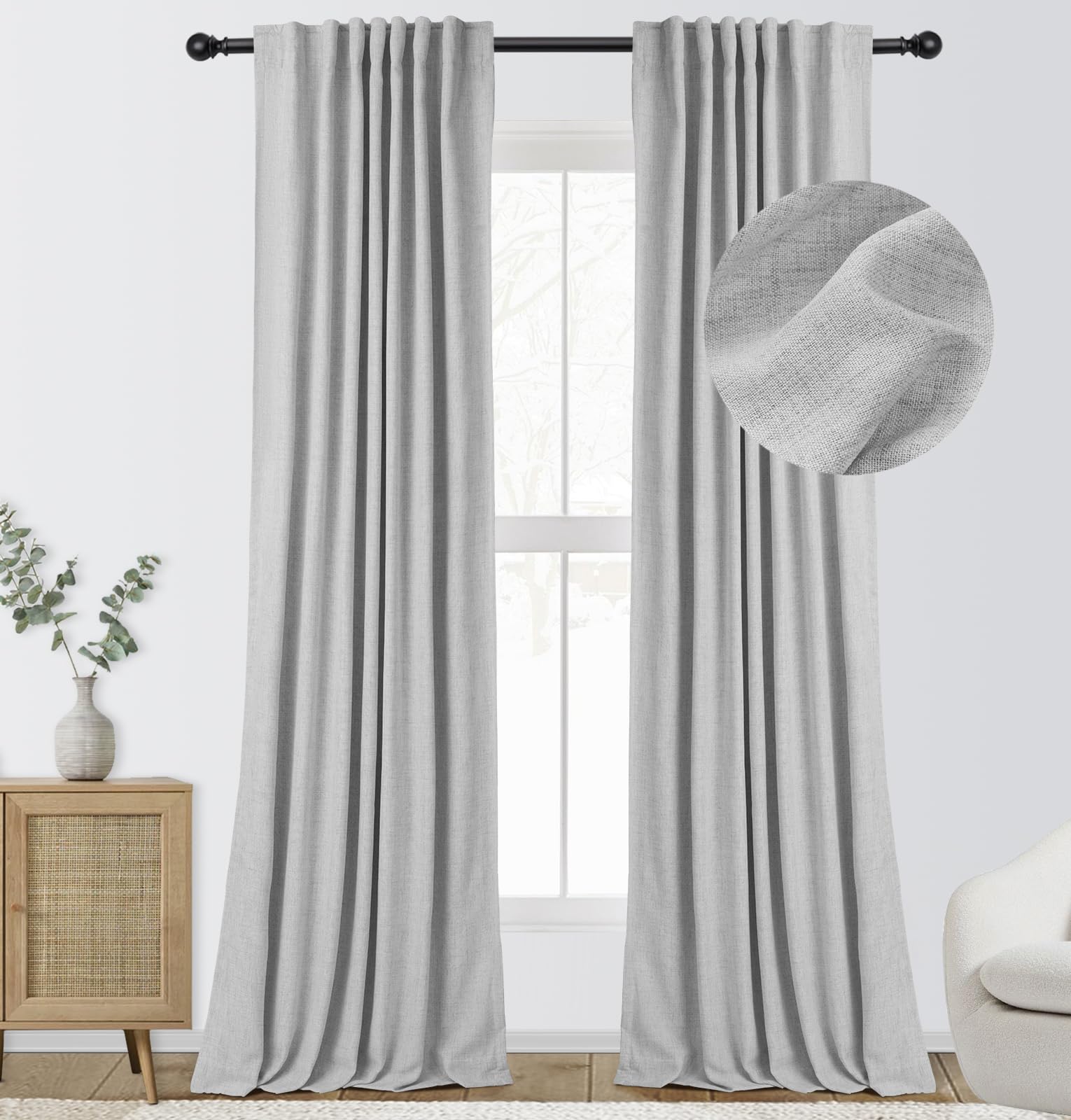 INOVADAY 100% Blackout Curtains for Bedroom, Thermal Insulated Linen Blackout Curtains 84 Inch Length 2 Panels Set, Back Tab/Rod Pocket Room Darkening Curtains for Bedroom, Nursery - Grey, W50 X L84