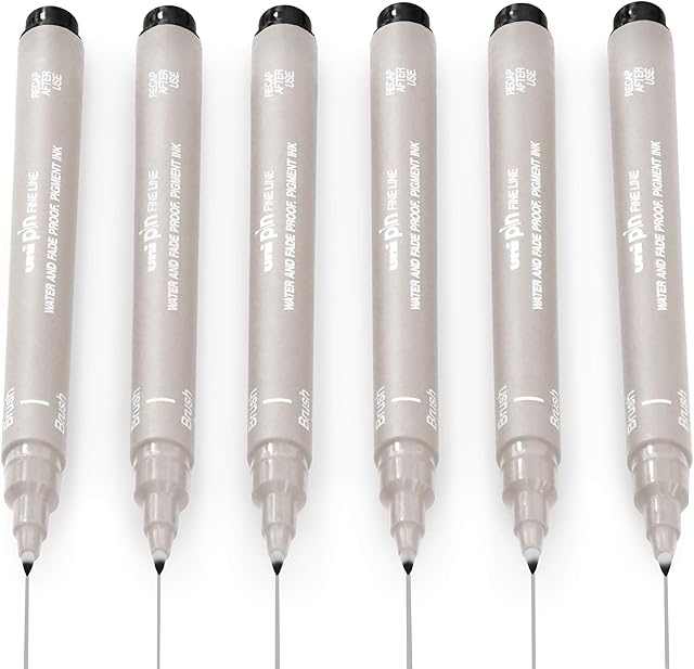 Uni Pin Fineliner Drawing Pen - Light Grey Ink - Brush Nib - Pack of 6