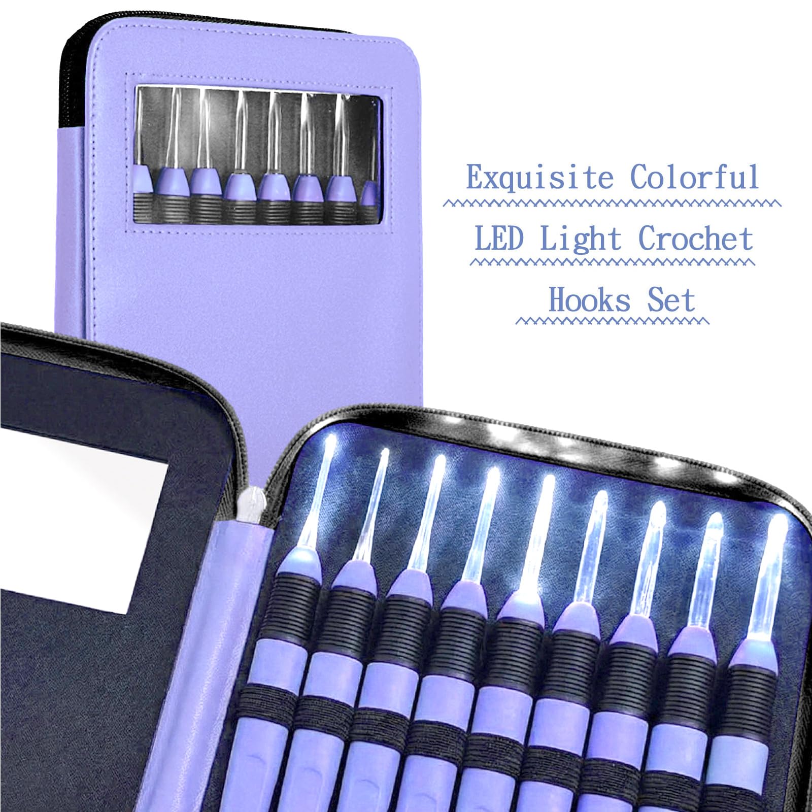 Chuangdi Juego de 9 agujas de ganchillo iluminadas con funda, luz LED, agujas de tejer para manualidades, agujas de tejer de hilo cómodo, mango suave para tejer, 2,5 mm-6,5 mm (morado)