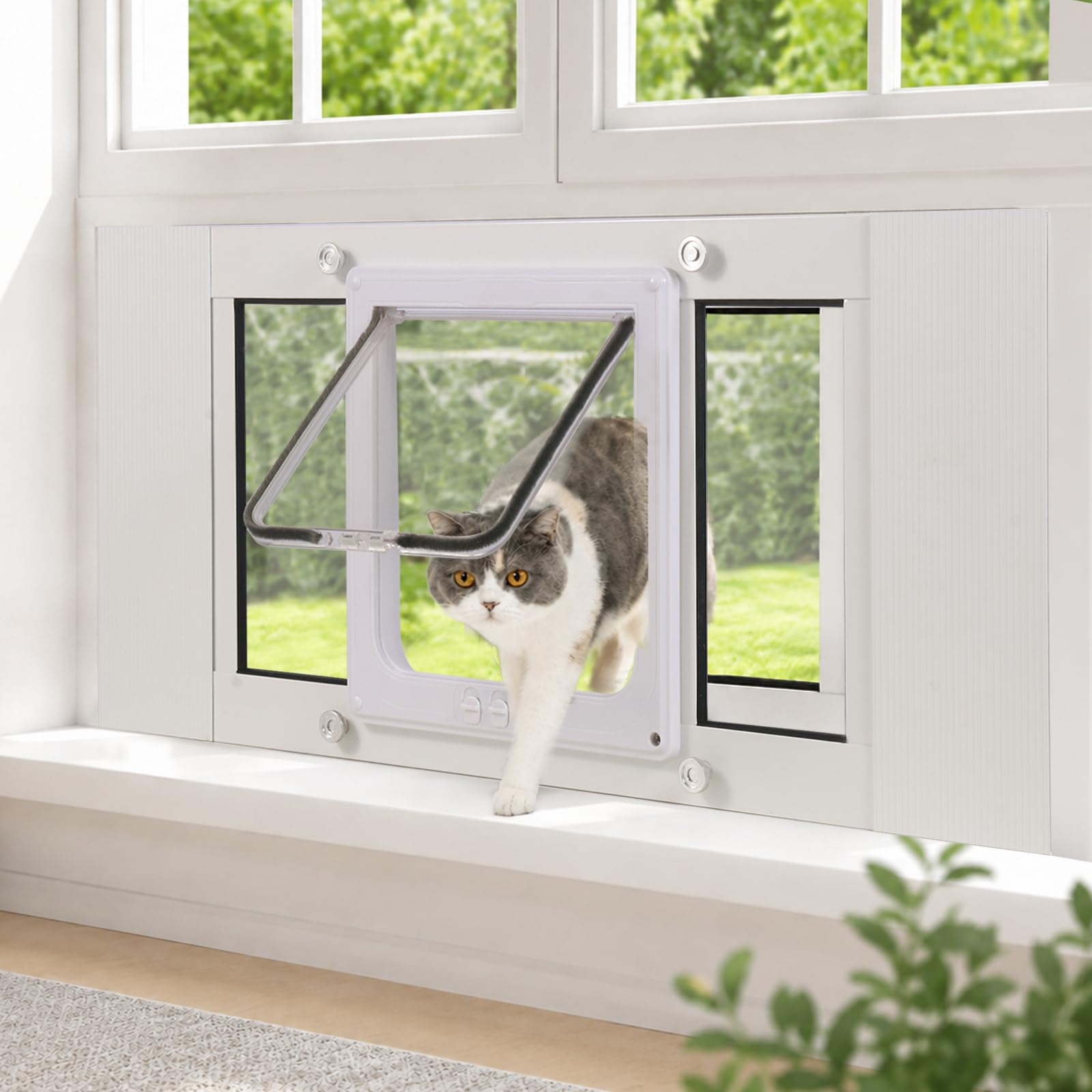 Porta scorrevole per gatti per finestra, adatta a finestre di larghezza 58,4-71,1 cm, installazione rapida, telaio in alluminio + 4 modalità di bloccaggio, design resistente alle intemperie, chiusura