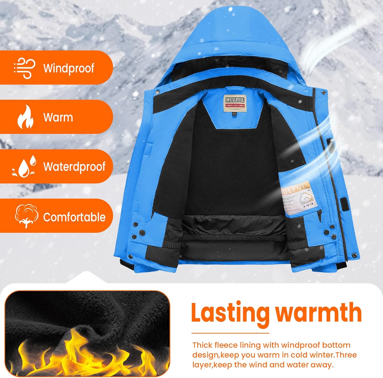 WULFUL Boy's Winter Waterproof Ski Coat Kids Windproof Snow Jacket with Detachable Hood - Image 4