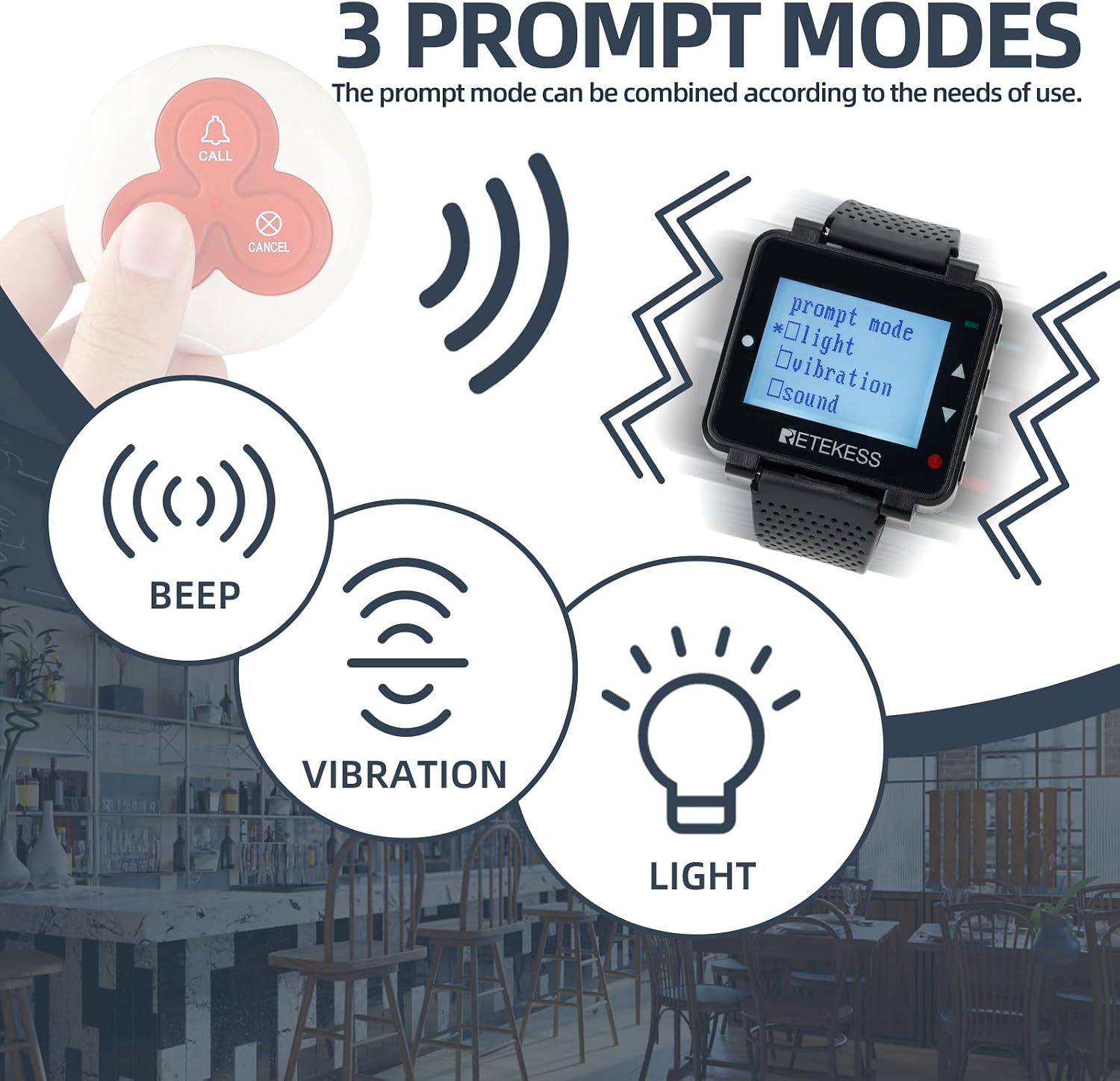 The Retekess T128 watch receiver displaying 'prompt mode' options for light, vibration, and sound, with icons representing beep, vibration, and light modes.