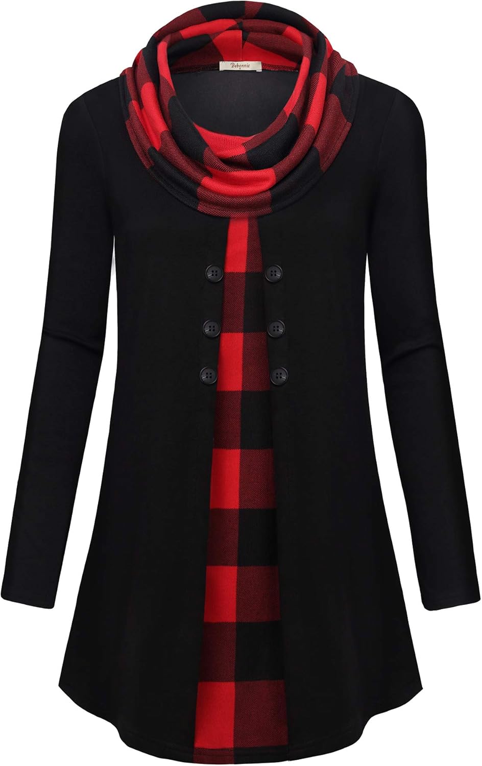 Bebonnie Womens Long Sleeve Cowl Neck Warm Splicing Tunic Tops with Buttons - Image 3