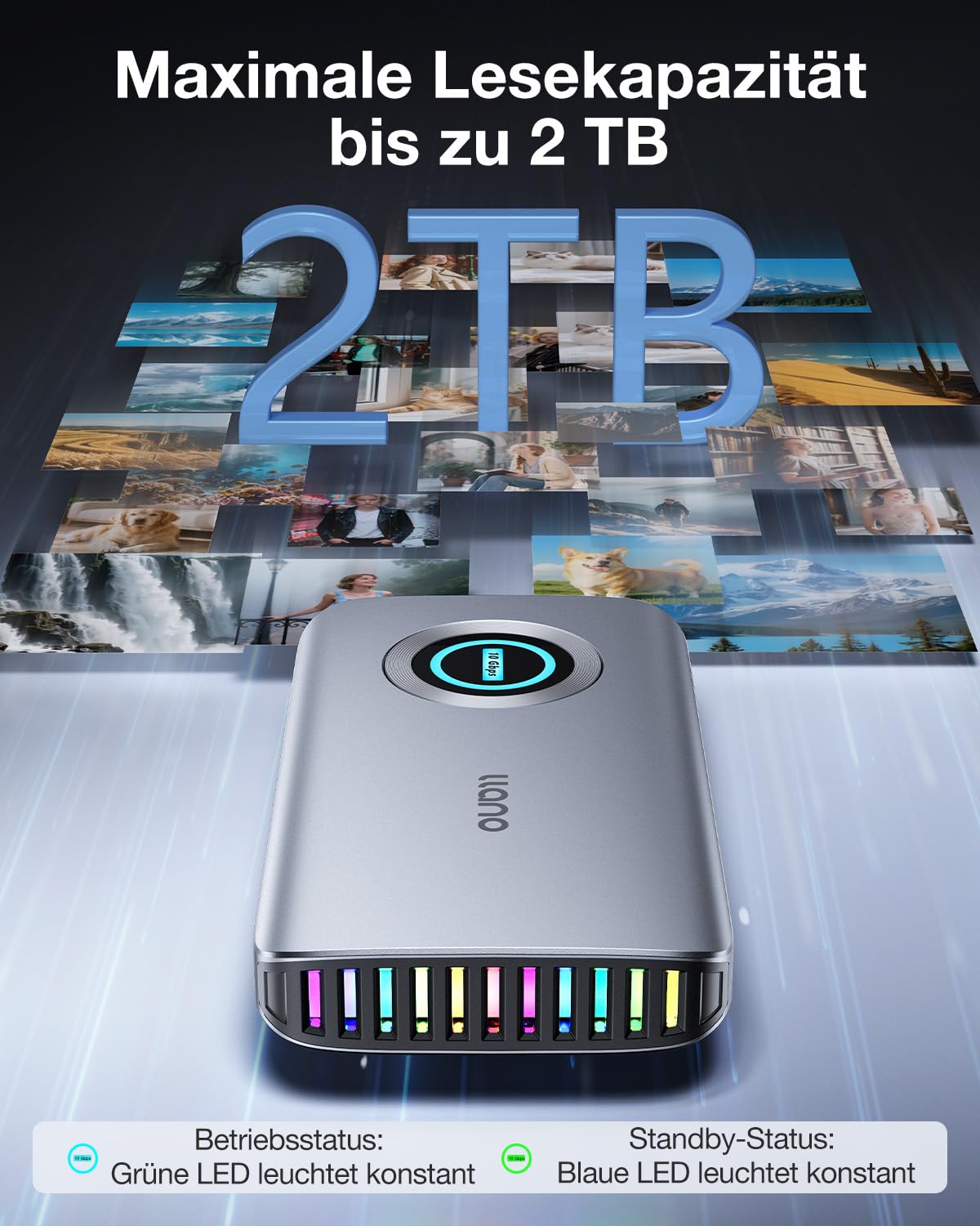 llano CFexpress Typ A/B Kartenleser, 4-in-1 Speicherkartenleser mit RGB-Beleuchtung, USB 3.2 Gen 2 (10 Gbit/s), kompatibel mit Windows, macOS, Linux, iOS, iPadOS und Android, Grau