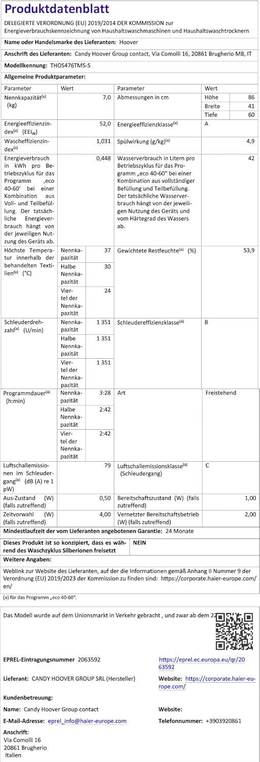Hoover H-WASH 500 Energy Label, showing Class A, 45 kWh, 7.0 kg capacity, 3:28 duration, 42 L water, 79 dB noise