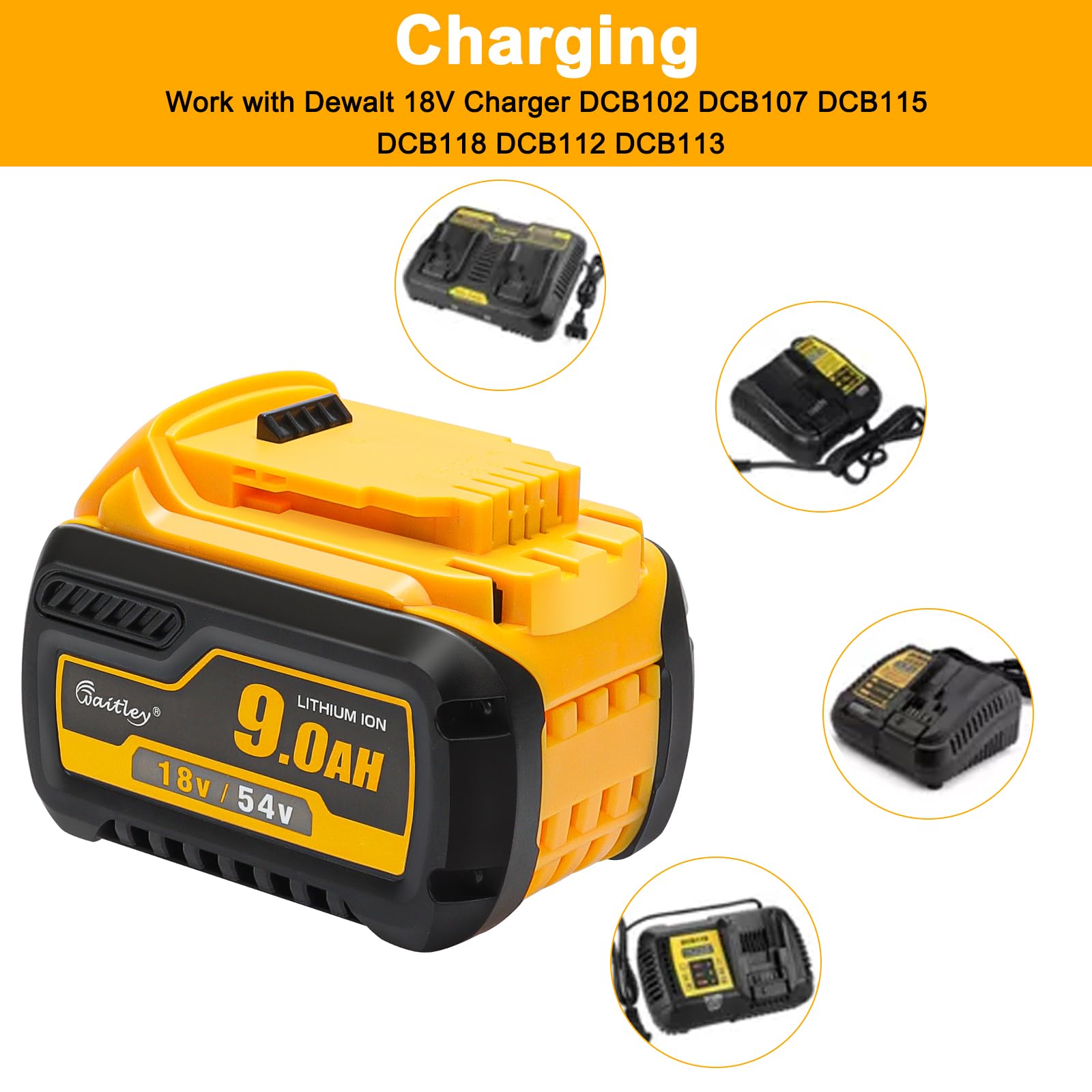Powarobor 2x18V/54V 9,0Ah Ersatzakku Kompatibel Mit DeWalt Akku DCB547 | Kompatibel mit DeWalt 18V/54V DCB547, DCB546, DCB548, DCB184, DCB180. LED-Ladeanzeige. Nur Ersatzakku.
