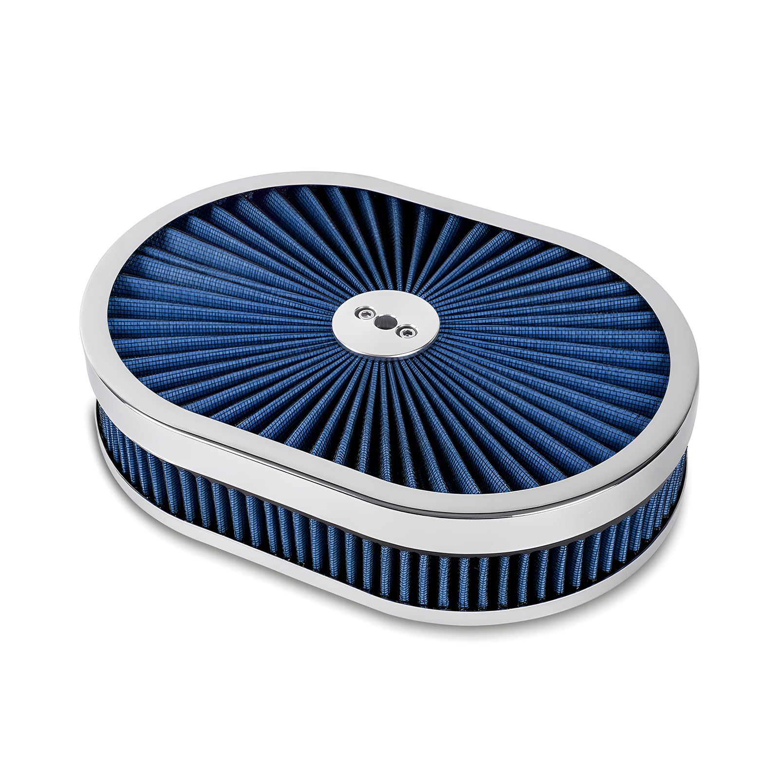 Photo 1 of 12" x 3"/12" x 2" Oval Air Filter Assembly Kit w/Flow-Thru Lid High Flow Chrome Washable and Reusable Compatible with GMC Chevy Ford Chrysler Dodge Fit For 5-1/8" Carburetor Neck (Blue)