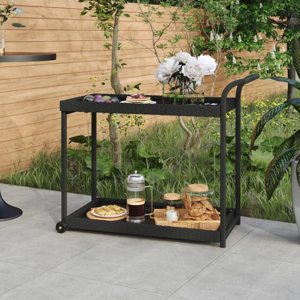Carrito de bar negro de ratán sintético con marco de acero recubierto de polvo, 4 ruedas, con espacio de almacenamiento y estante para comedor y terraza (100 x 45 x 83 cm), color negro