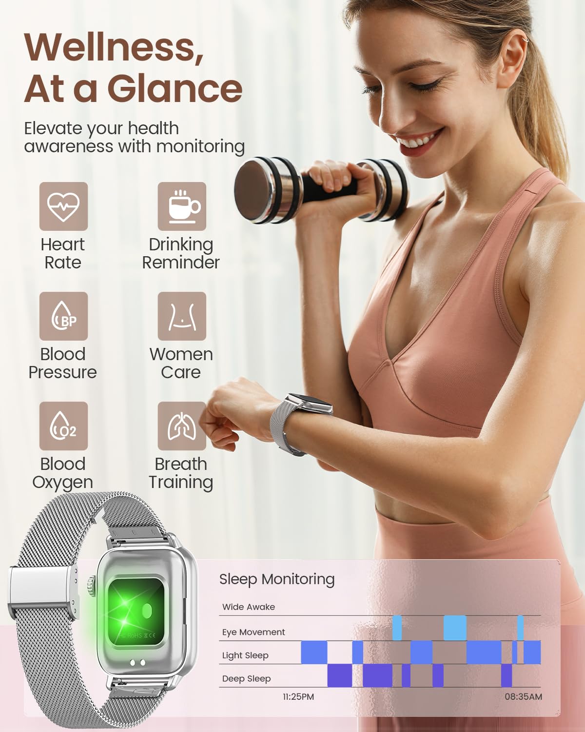 BANLVS Smartwatch Donna con Chiamate, 1.85" Orologio Smartwatch 3 Cinturini 110+ modalità Sportive con SpO2/Sonno/Contapassi, Impermeabile IP68 Fitness Tracker per iOS Android, Argento
